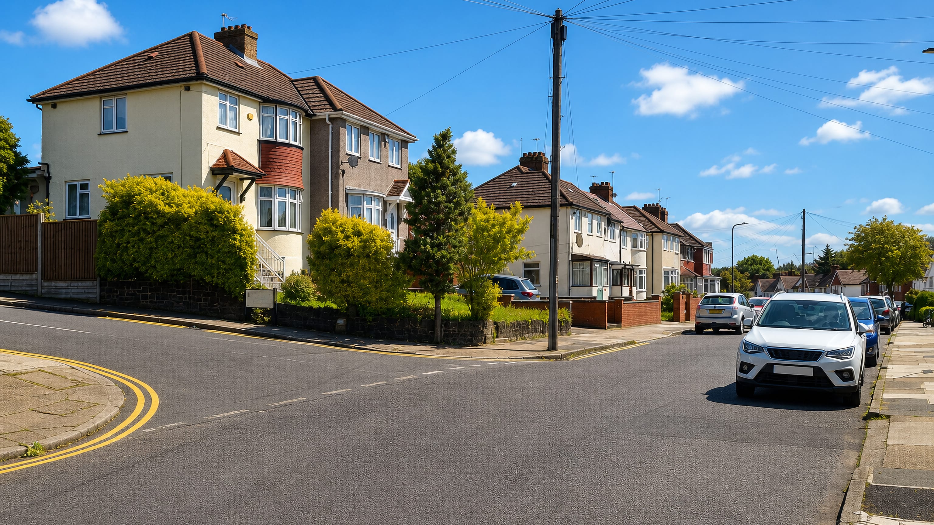 Interwar semi-detached houses and parked cars on a sunny residential street in Tokyngton, Wembley.