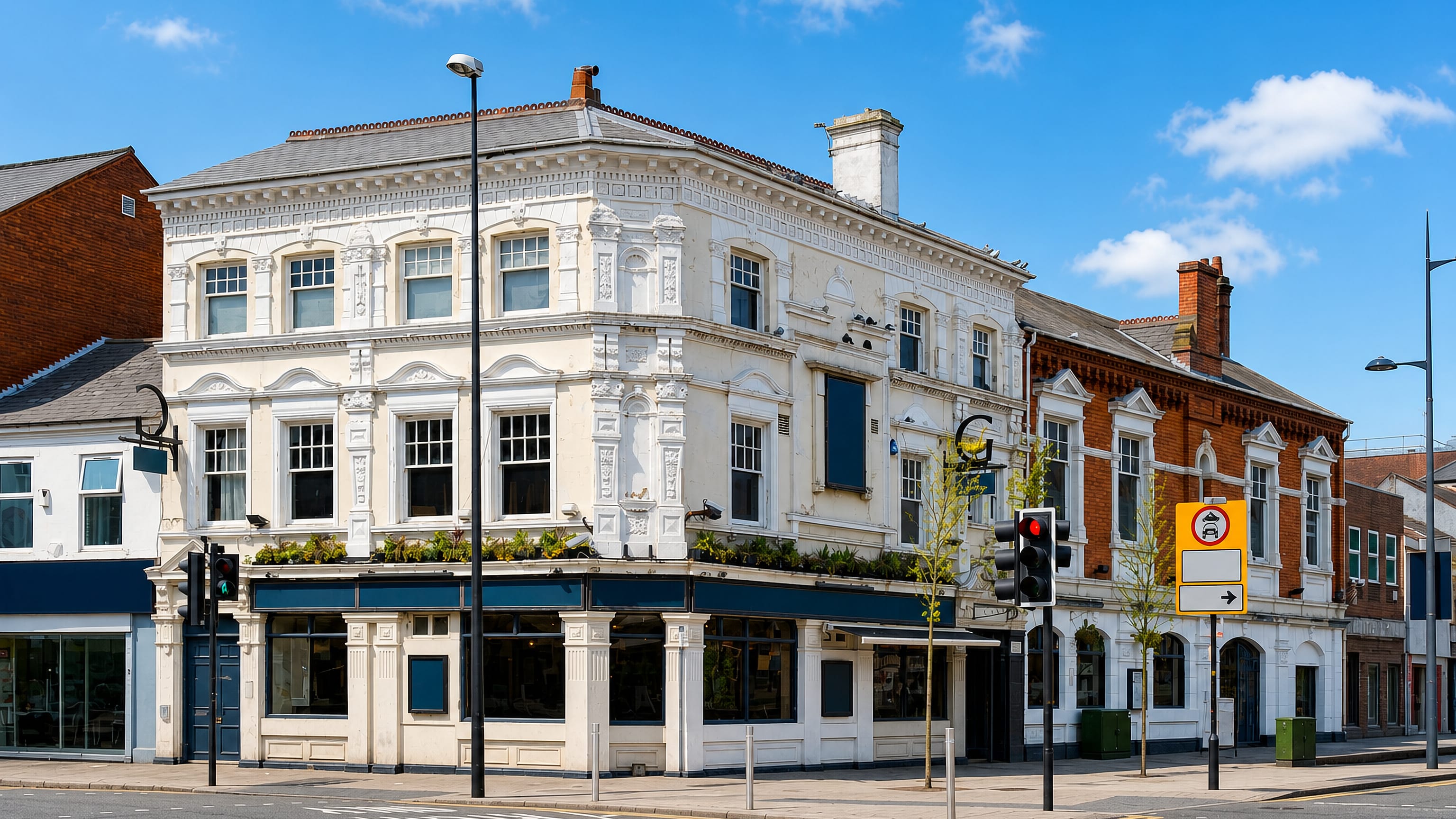 White Victorian corner building and red-brick terrace on a sunlit high street in West Bromwich, England.