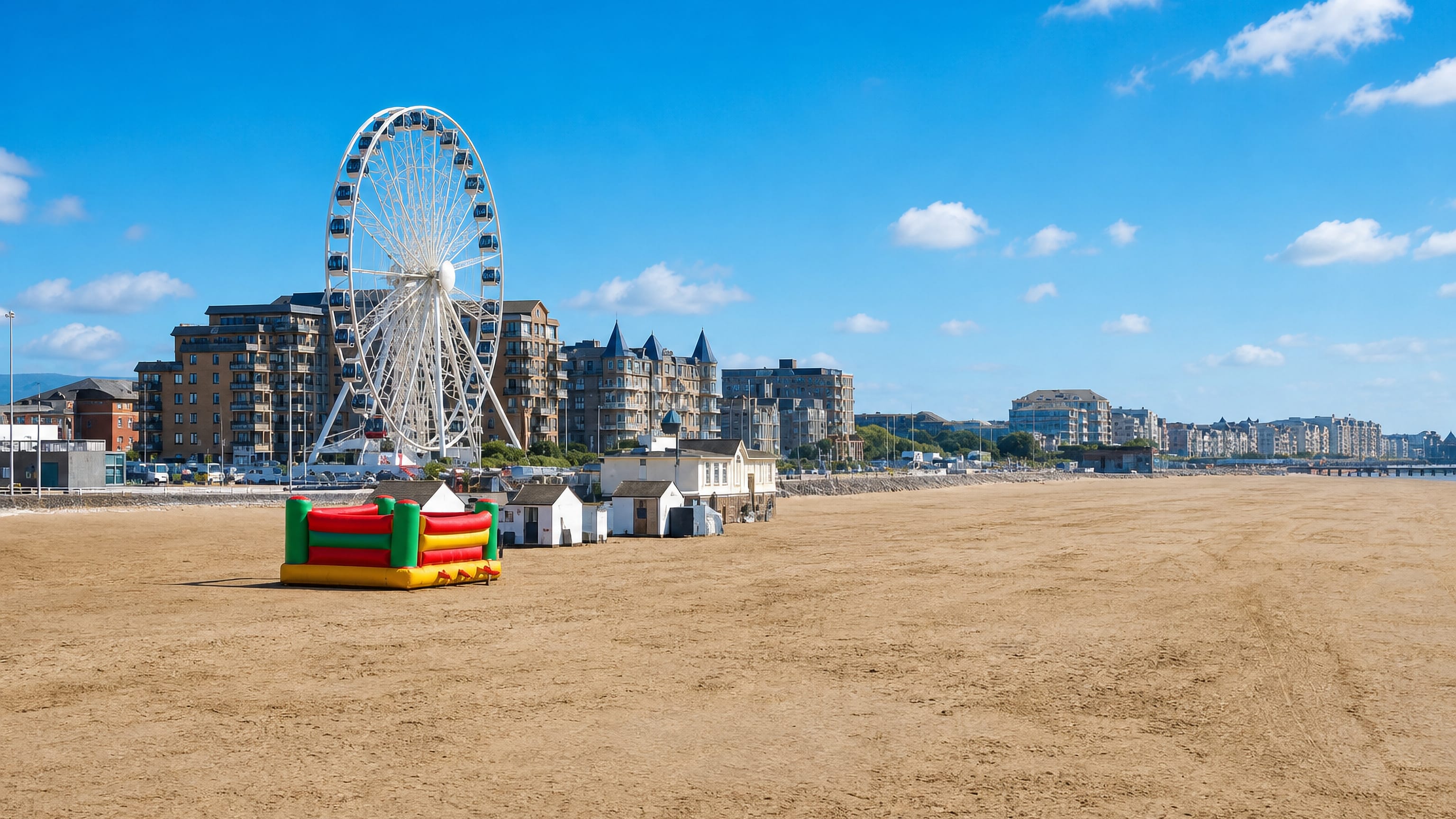 Wide sandy beach at Weston-super-Mare with the seafront observation wheel and Victorian apartment terraces beyond.