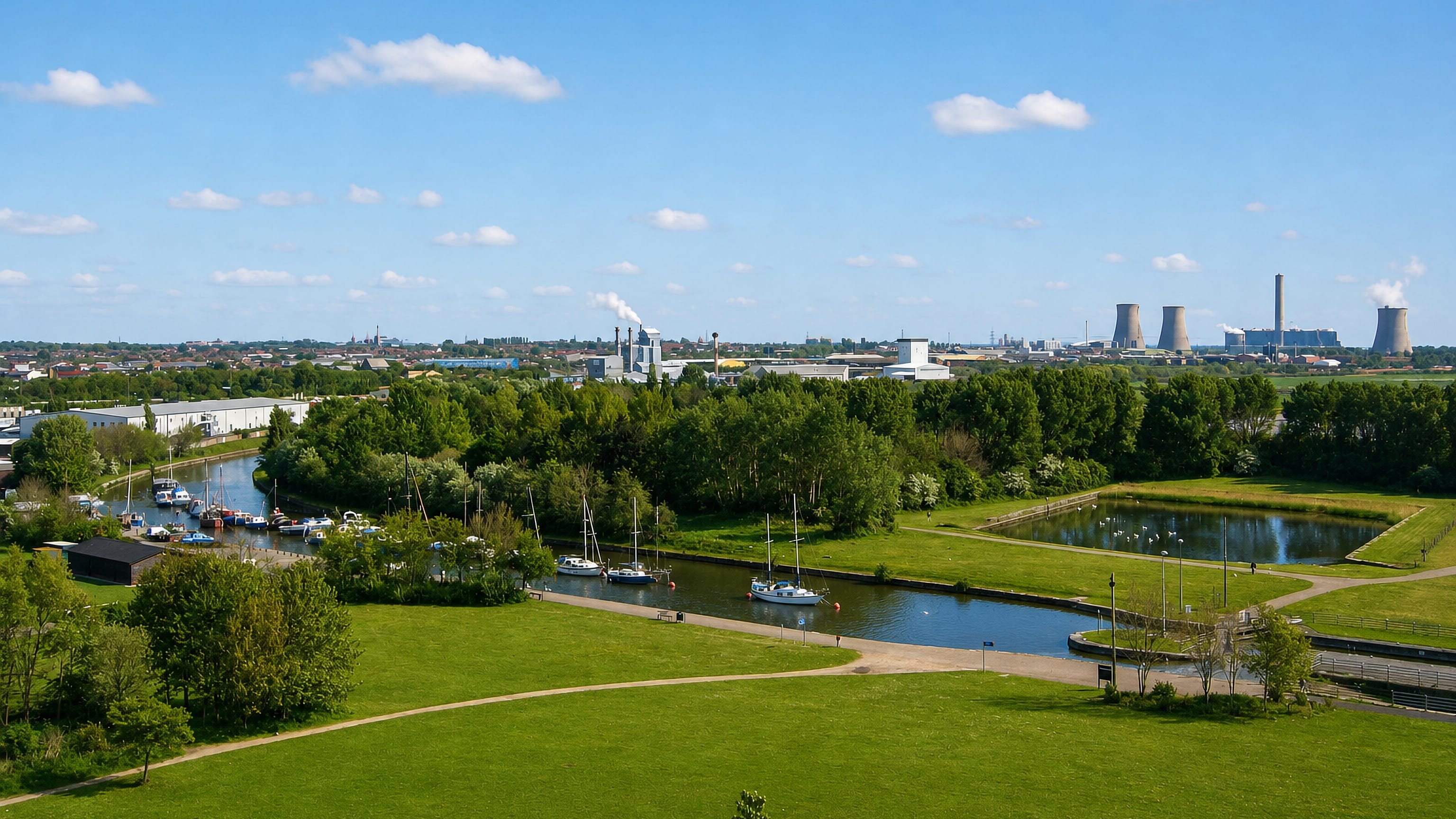 Green parkland and a canal marina at Widnes, with riverside chemical works and cooling towers on the horizon