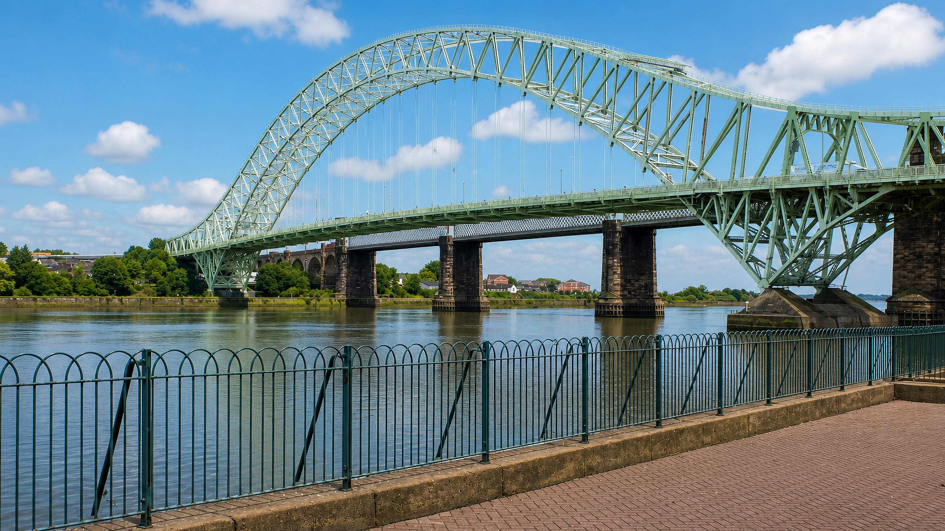 The Silver Jubilee Bridge arching over the River Mersey seen from the West Bank riverside promenade in Widnes