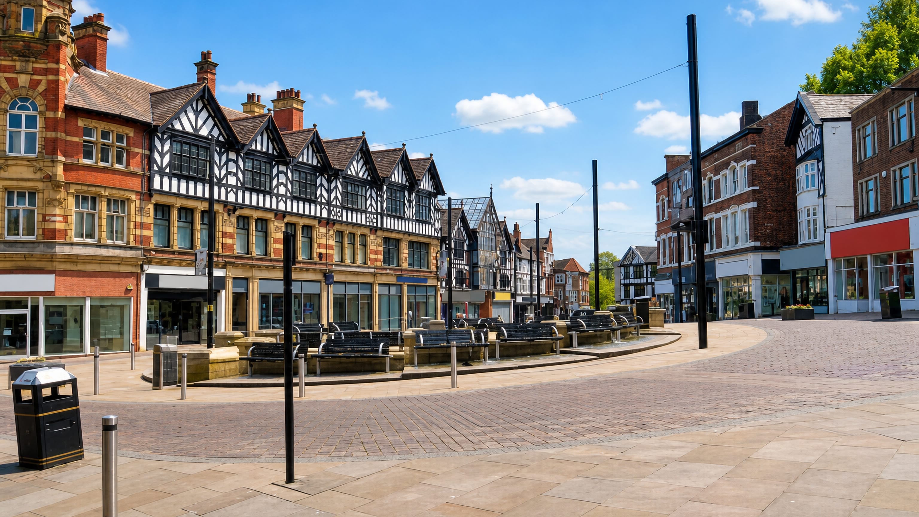 Wigan's paved town-centre square with mock-Tudor and red-brick frontages around a stepped fountain.