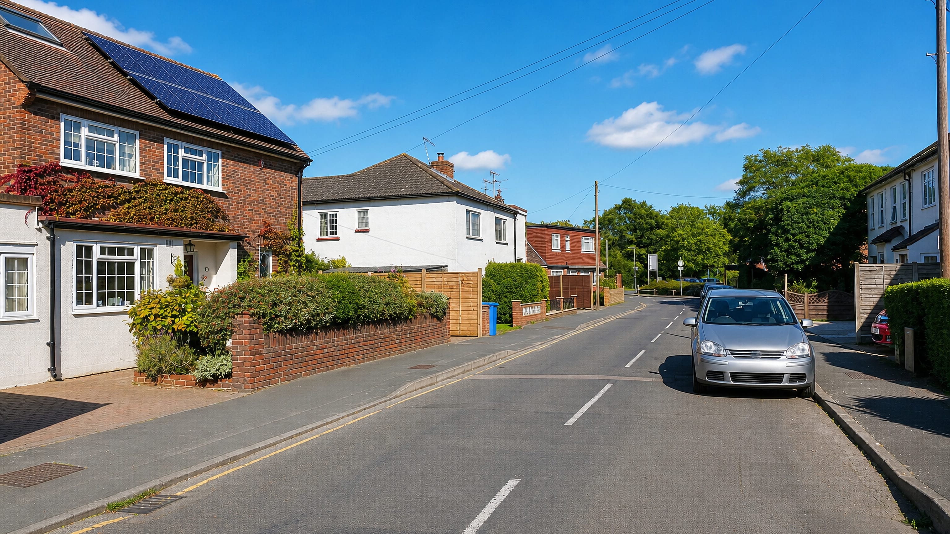 Quiet residential street of brick and rendered houses in Horsell, Woking, on a clear summer day