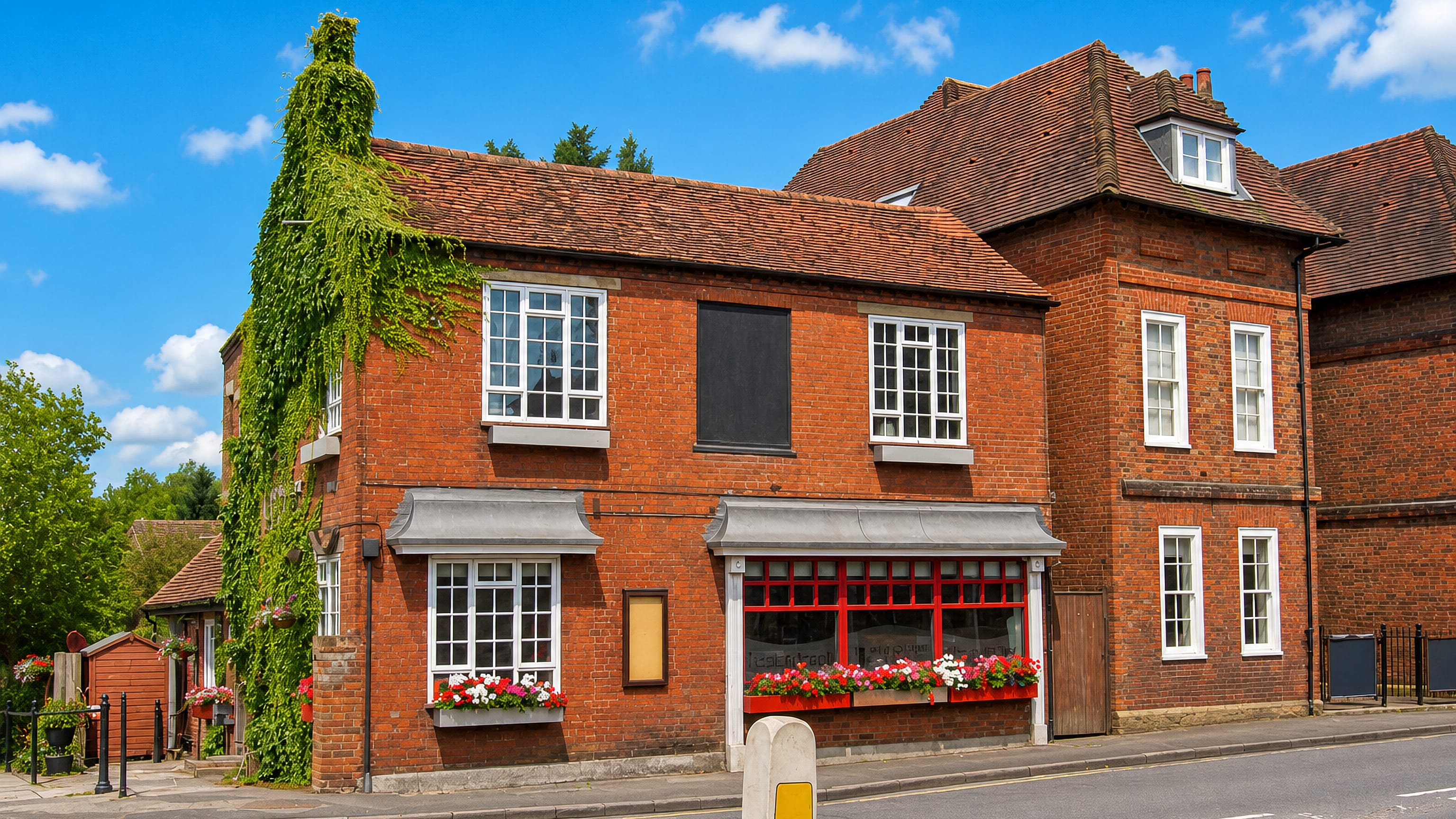 Ivy-clad red-brick shop and houses along the village street in Old Woking, Surrey.