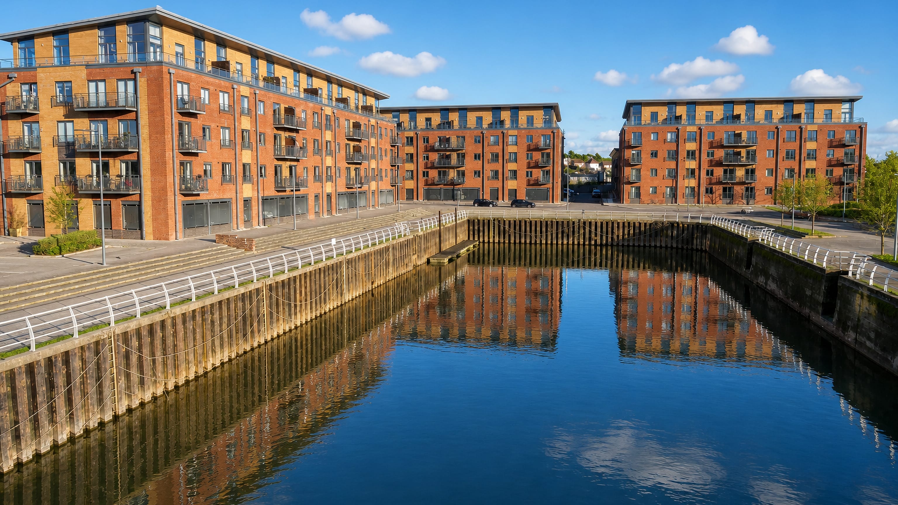 Modern brick apartment blocks around the restored dock basin at Diglis, Worcester