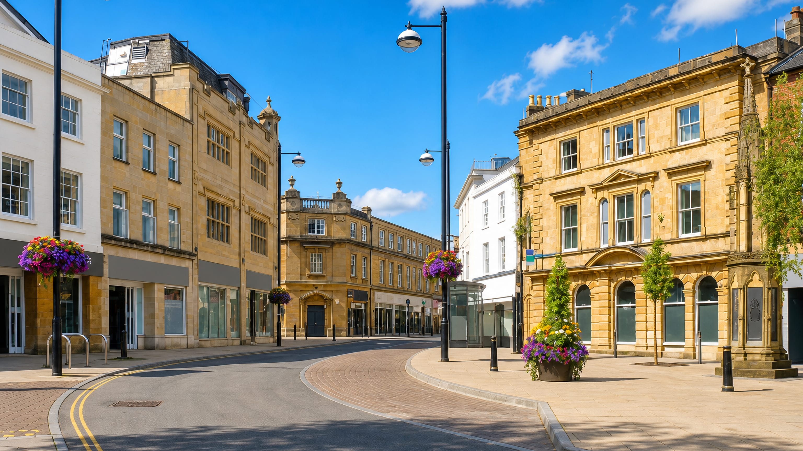 Honey-coloured Ham stone frontages and hanging flower baskets along a curving street in Yeovil, Somerset.