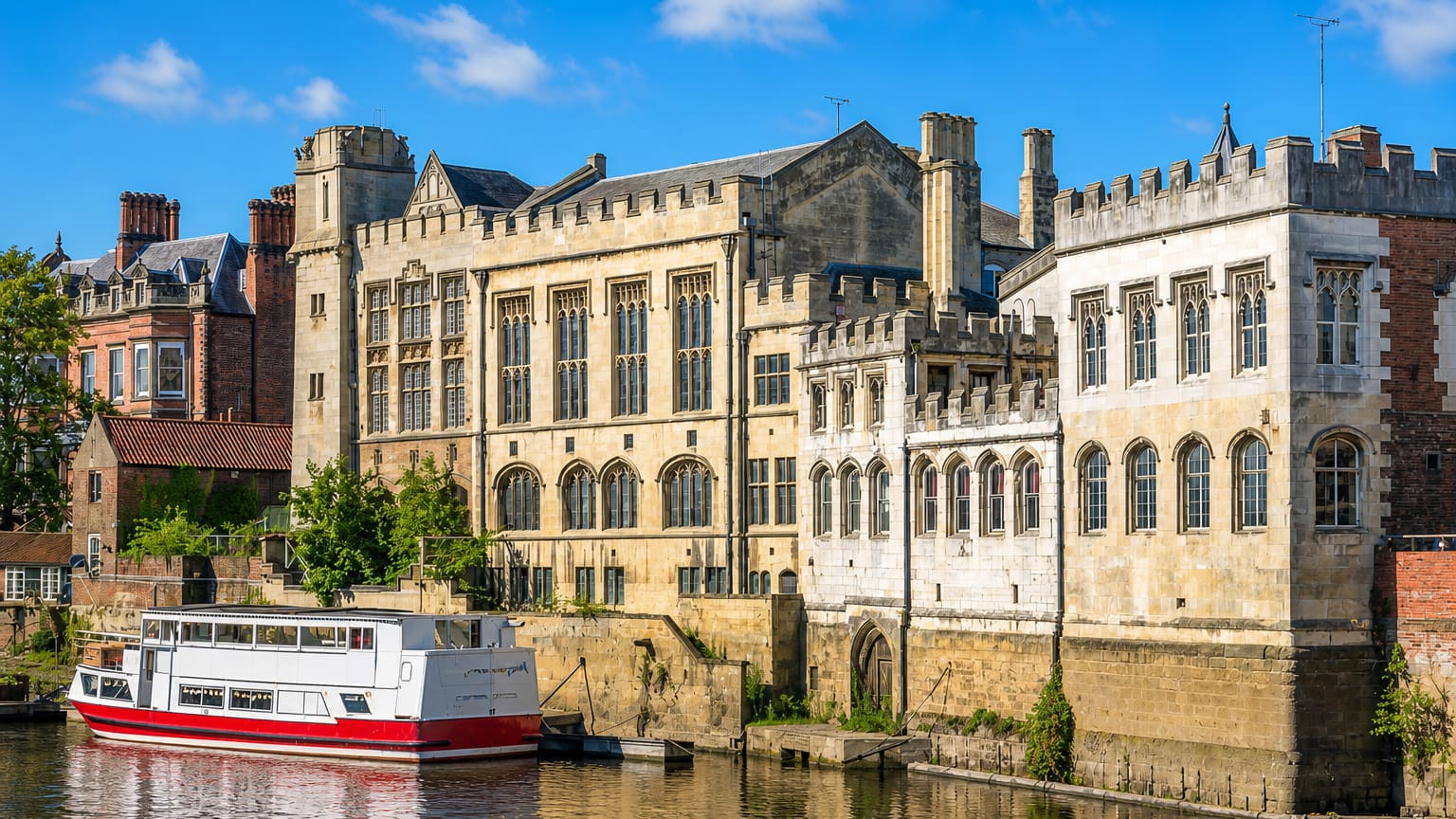 Medieval Gothic riverside buildings and the Guildhall lining the River Ouse in York, with a moored cruise boat.