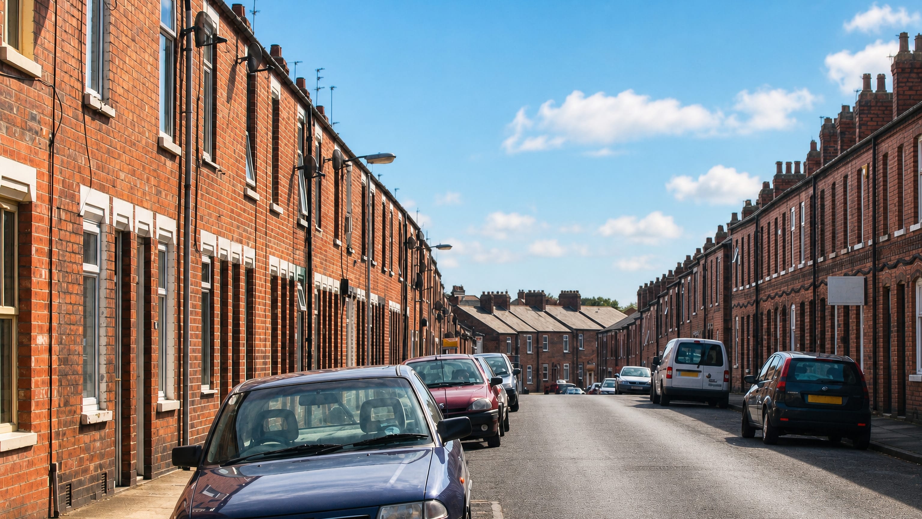 Rows of red-brick Victorian terraced houses lining a quiet residential street in South Bank, York.