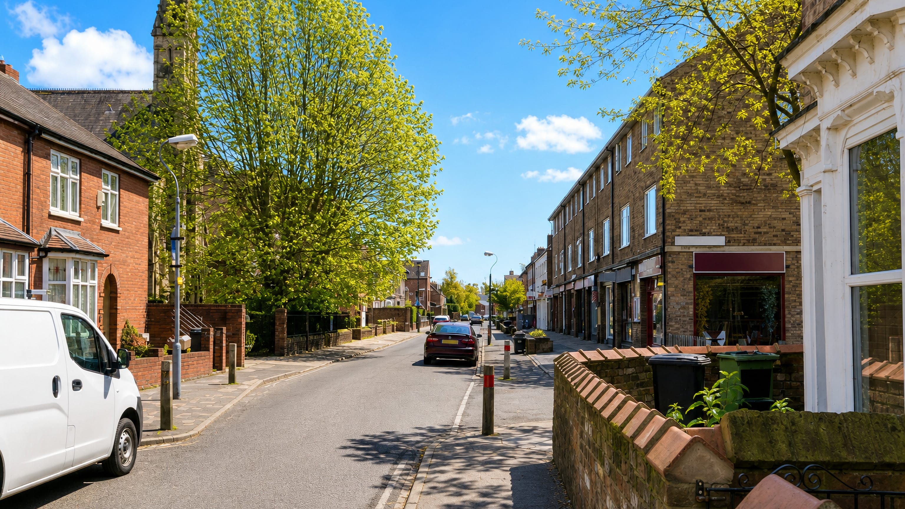 Red-brick Victorian terraces and small shopfronts on a quiet street in The Groves, York.