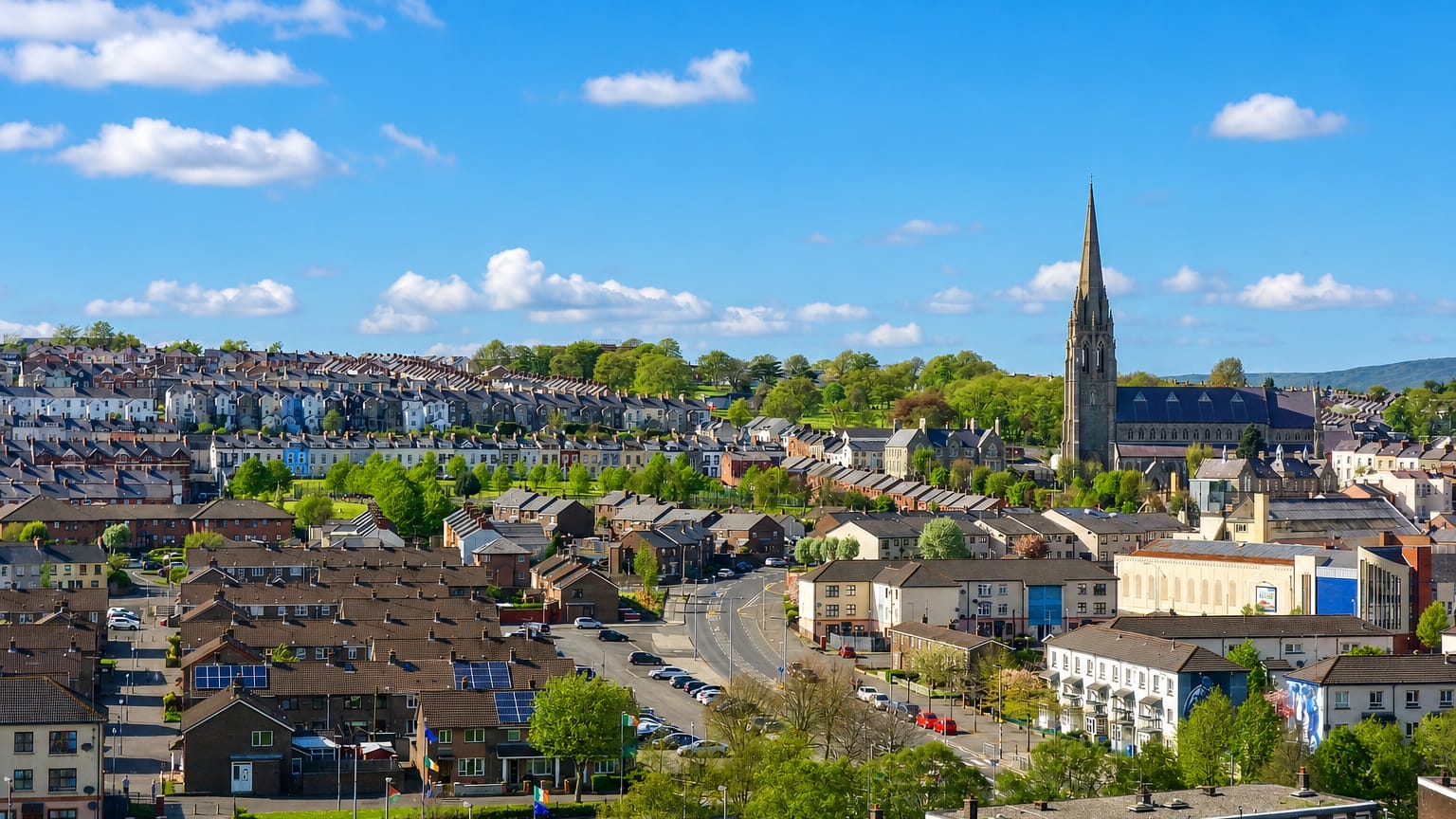 Townscape of Derry with St Eugene's Cathedral spire and terraced houses climbing the hills of Londonderry.