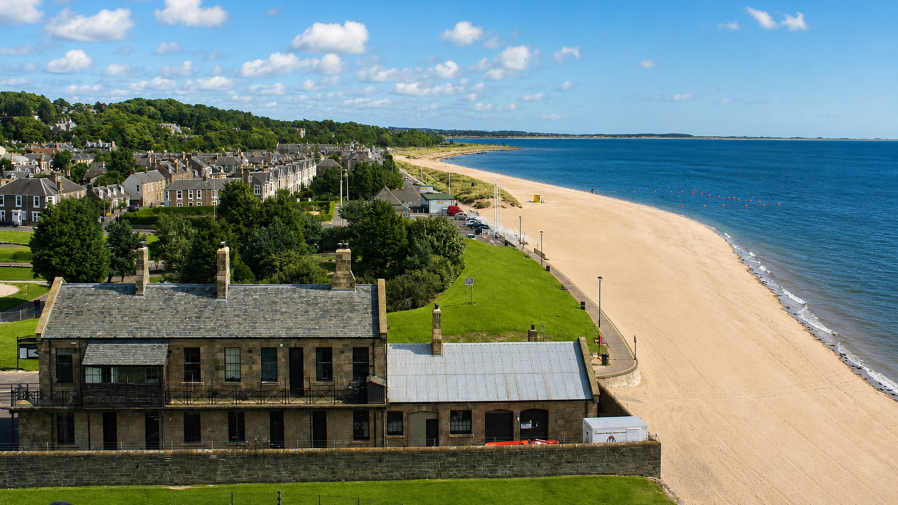Broughty Ferry's sandy beach and Victorian terraces seen from the ramparts of Broughty Castle, Dundee.