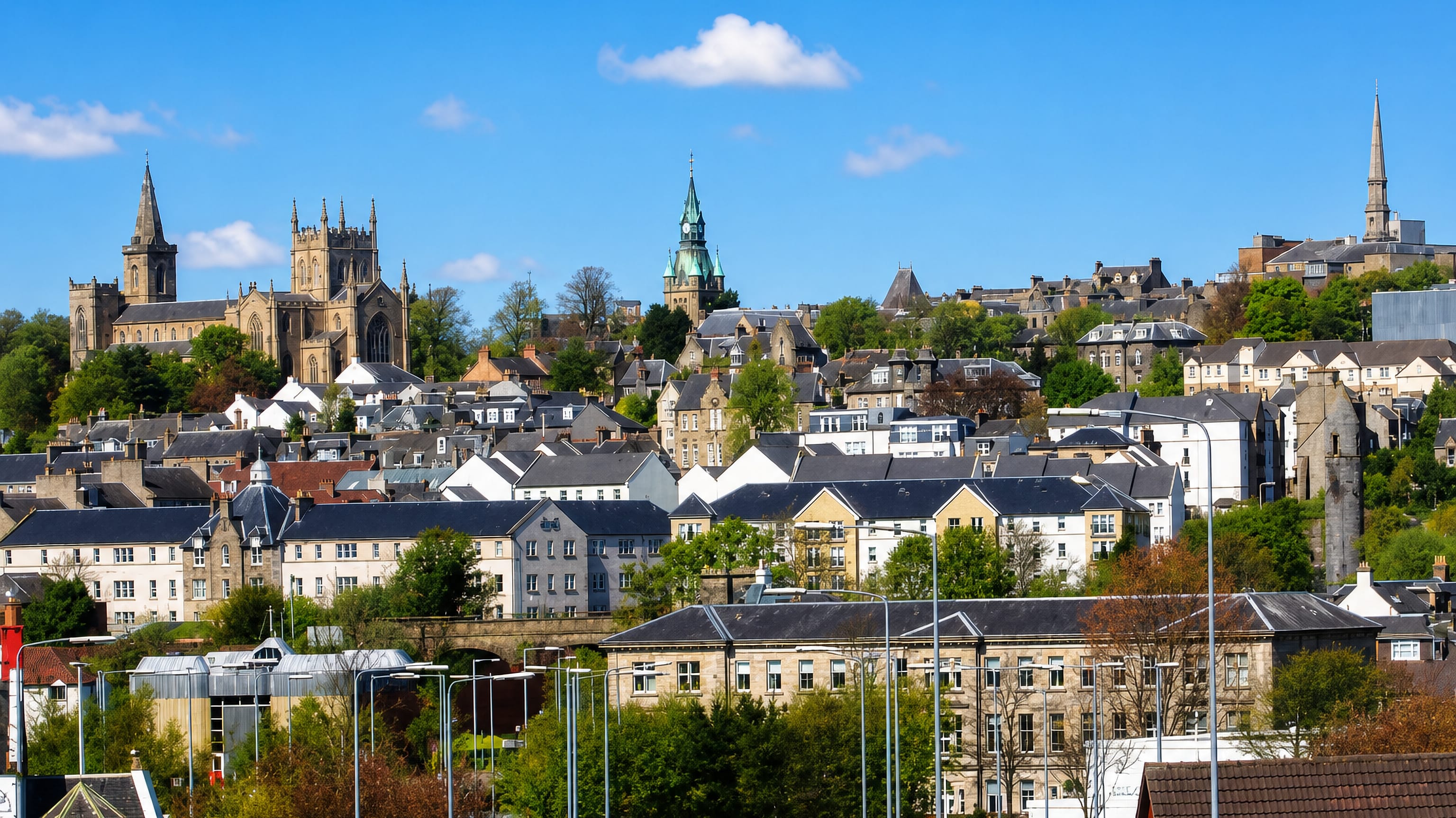 Dunfermline skyline in Scotland, with the abbey tower, City Chambers spire and stone rooftops.