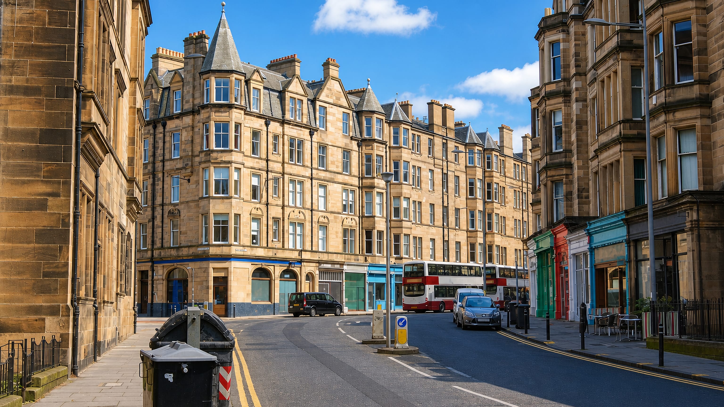Victorian sandstone tenements, colourful shopfronts and a double-decker bus on Bruntsfield's main street, Edinburgh.