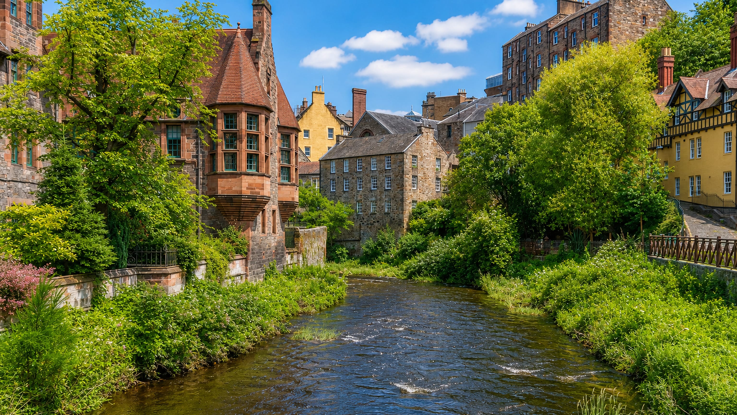 The Water of Leith running between stone tenements and Well Court's red sandstone turret in Dean Village, Edinburgh.