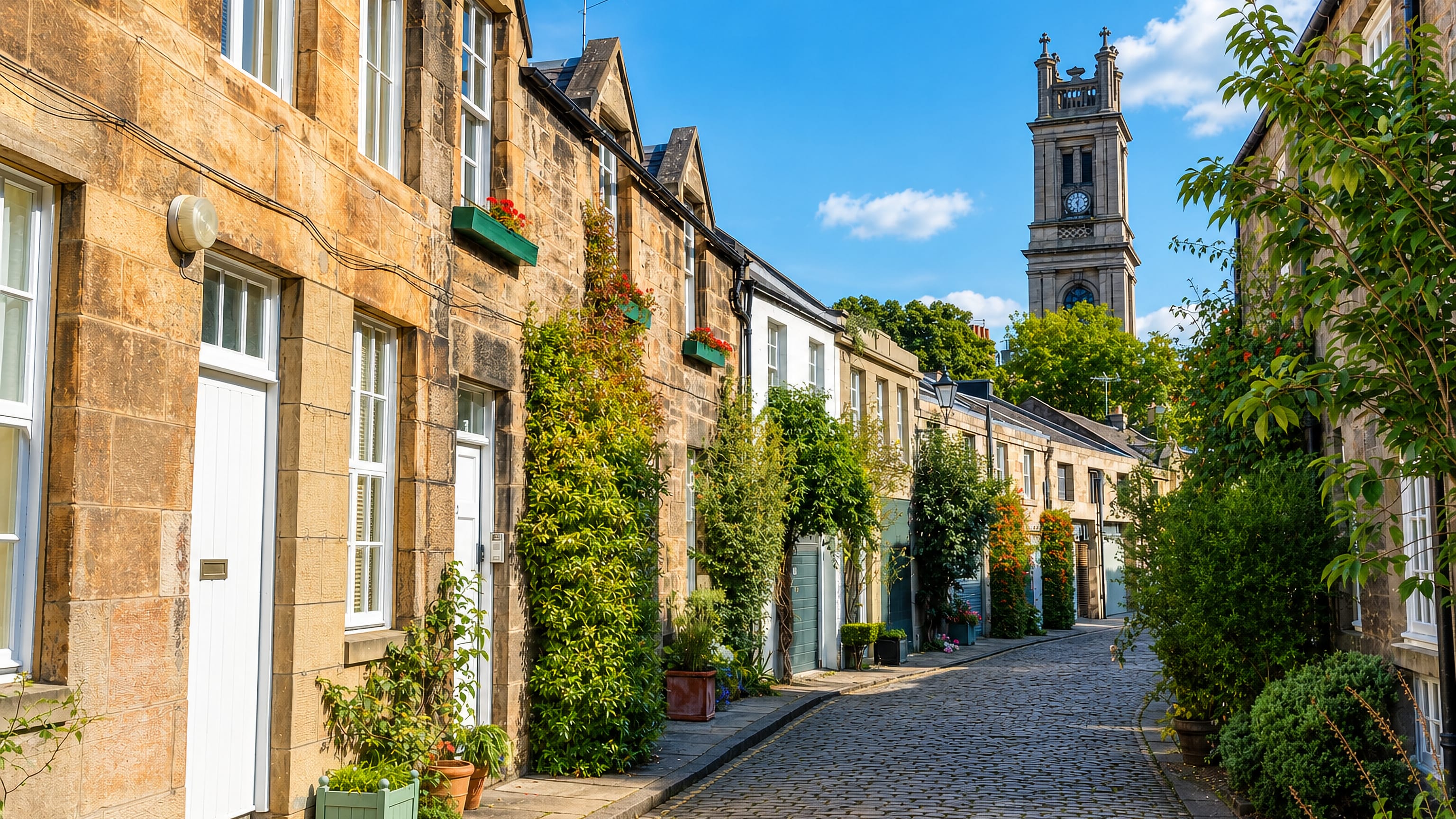 Cobbled mews lane of stone terraced houses in Stockbridge, Edinburgh, below a church clock tower.