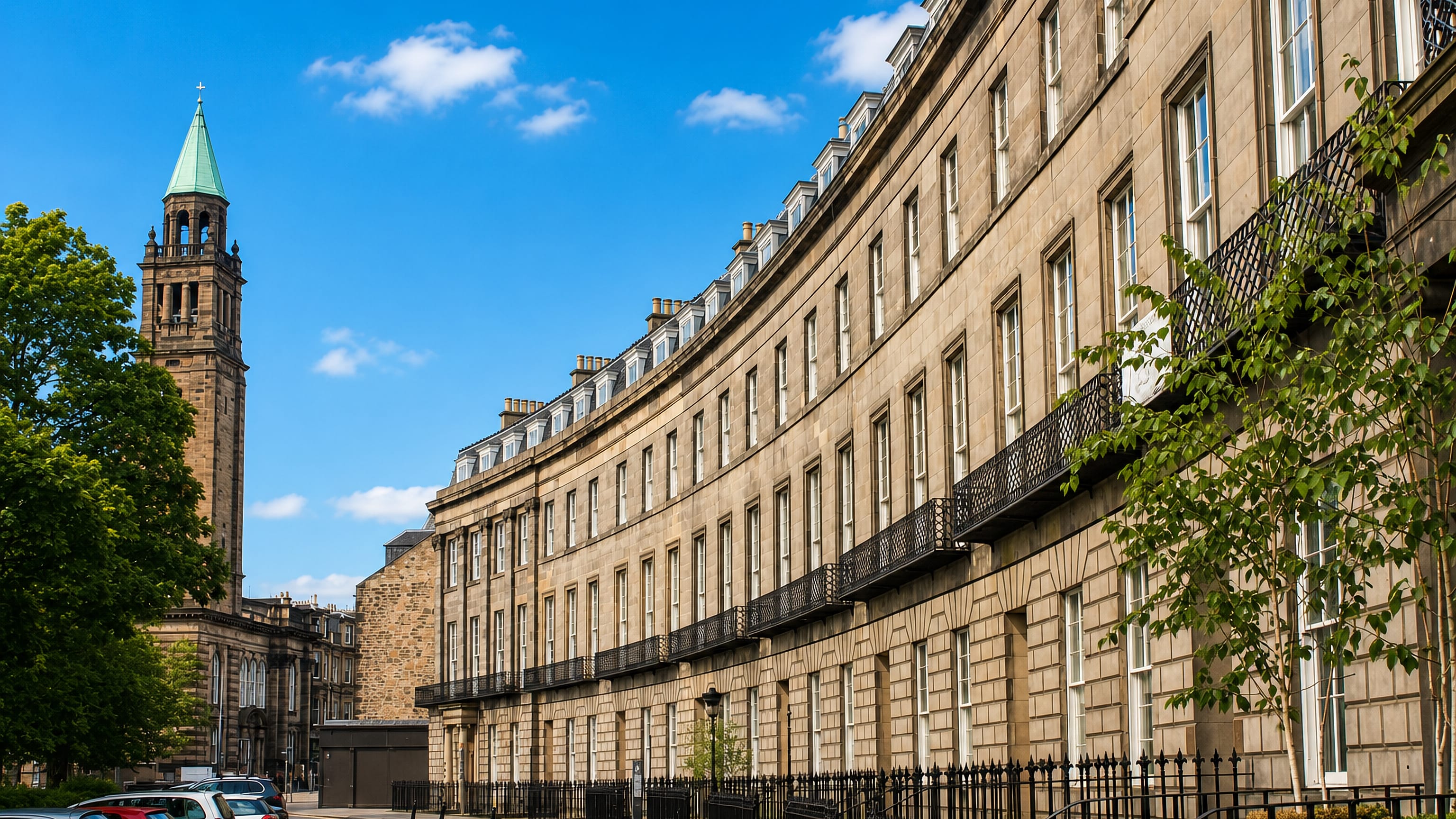 Curved Georgian sandstone terrace and church spire in Edinburgh's West End