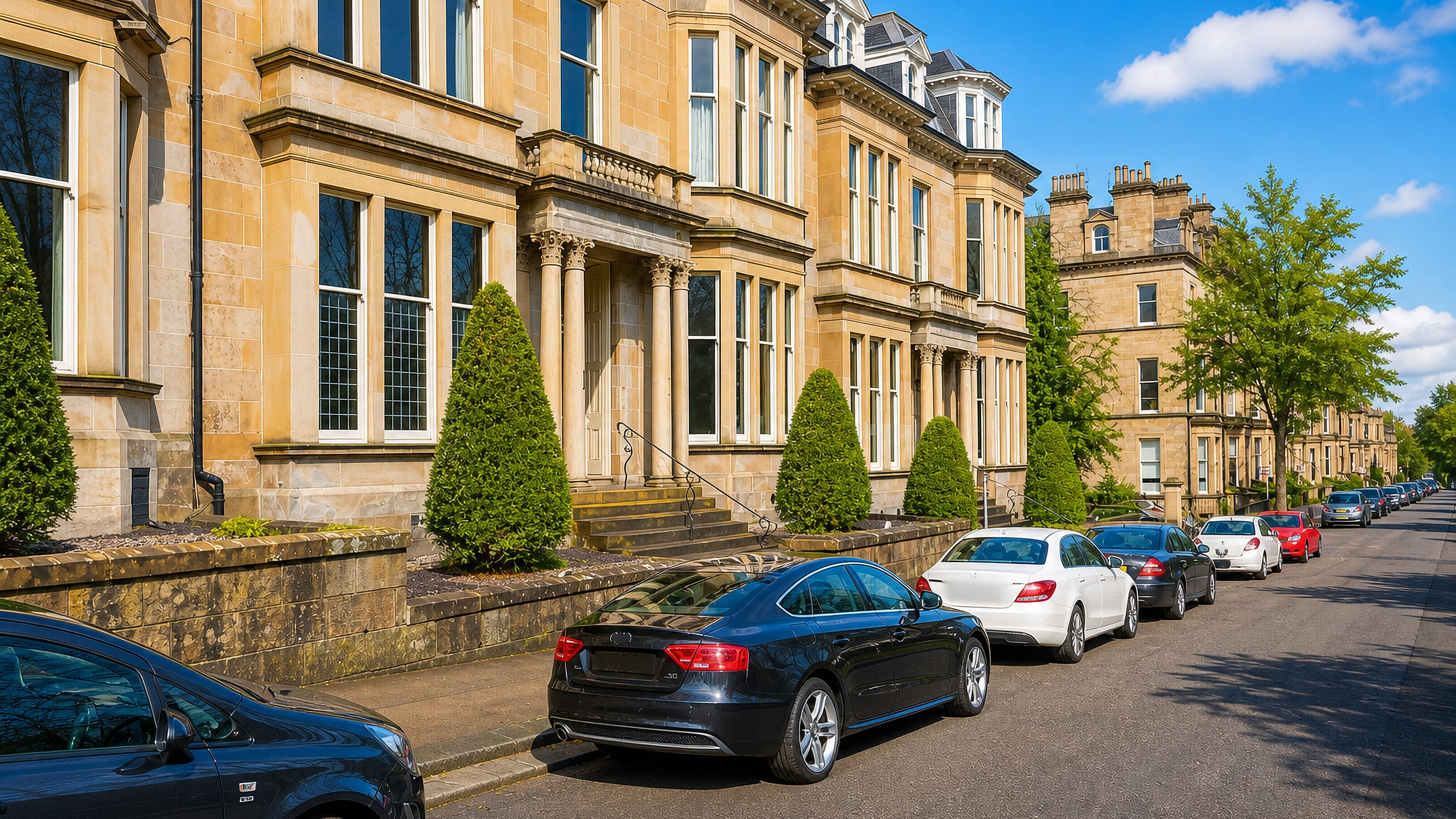 Hyndland, Glasgow: blonde sandstone Victorian terraces with bay windows lining a quiet parked-up street.