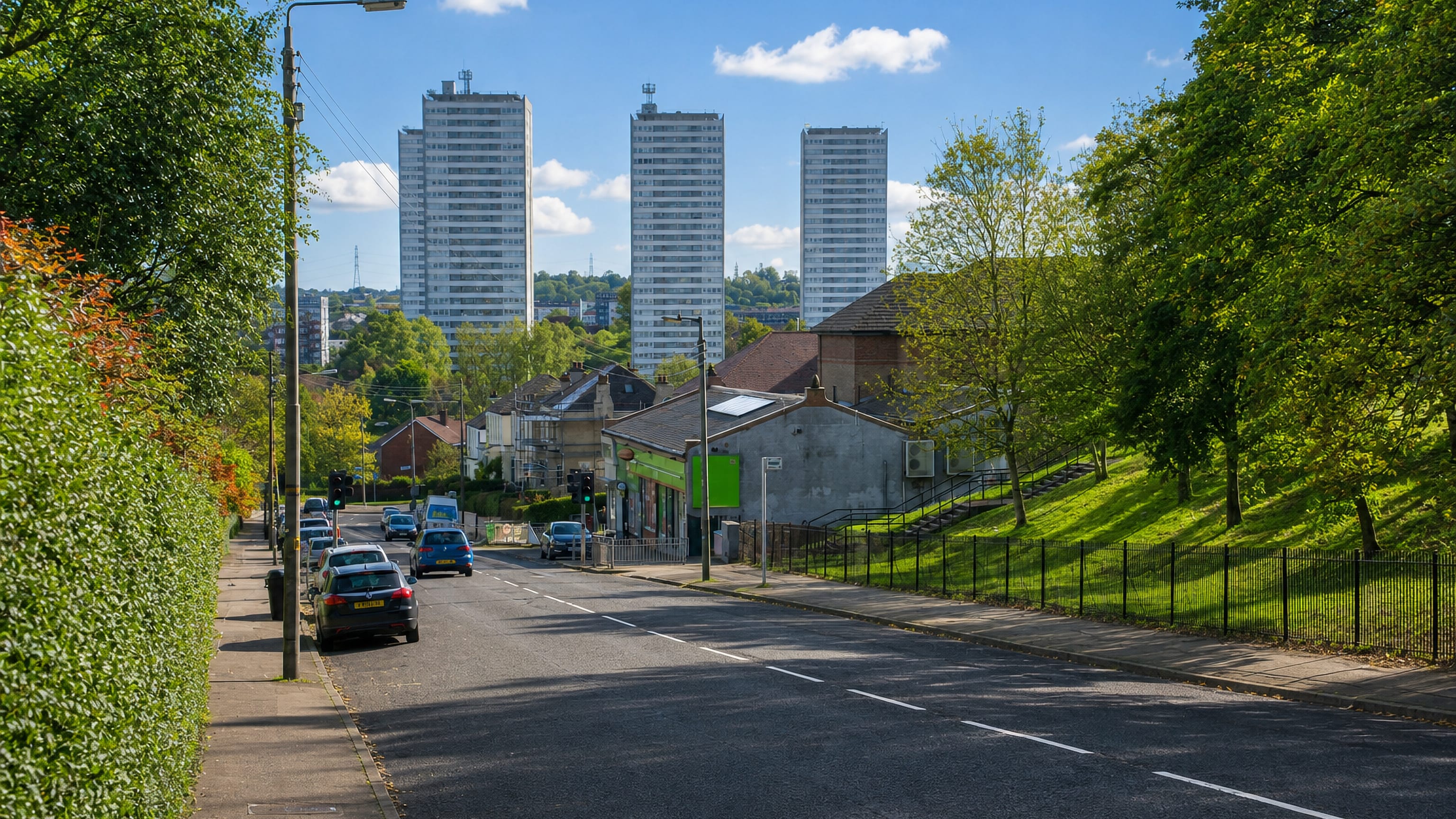 Tree-lined road past a shop parade with three white tower blocks beyond in Kelvindale, west Glasgow.