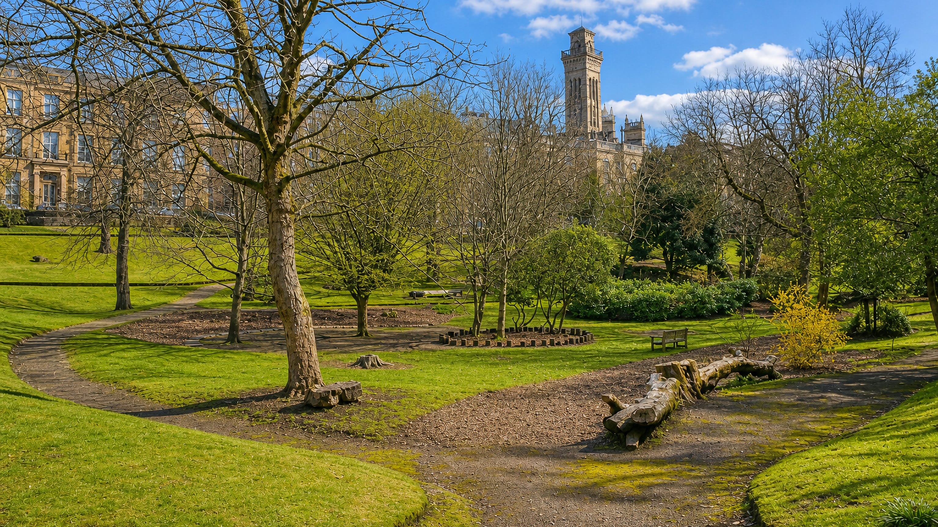Winding paths and lawns of Kelvingrove Park in Glasgow, with the university's tower rising above spring trees.