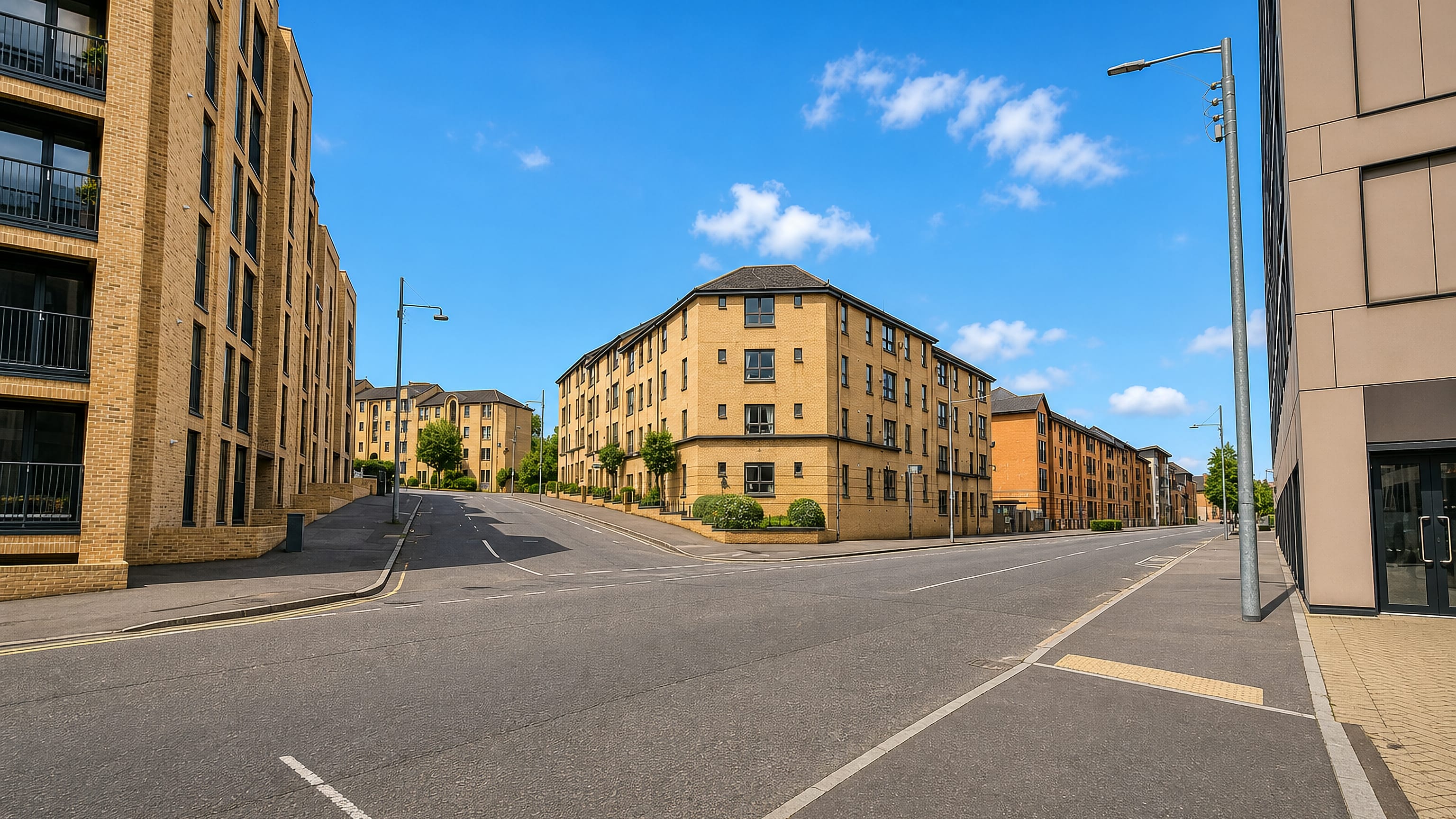 Blonde-brick modern tenement flats along an empty street corner in Kelvinhaugh, Glasgow.