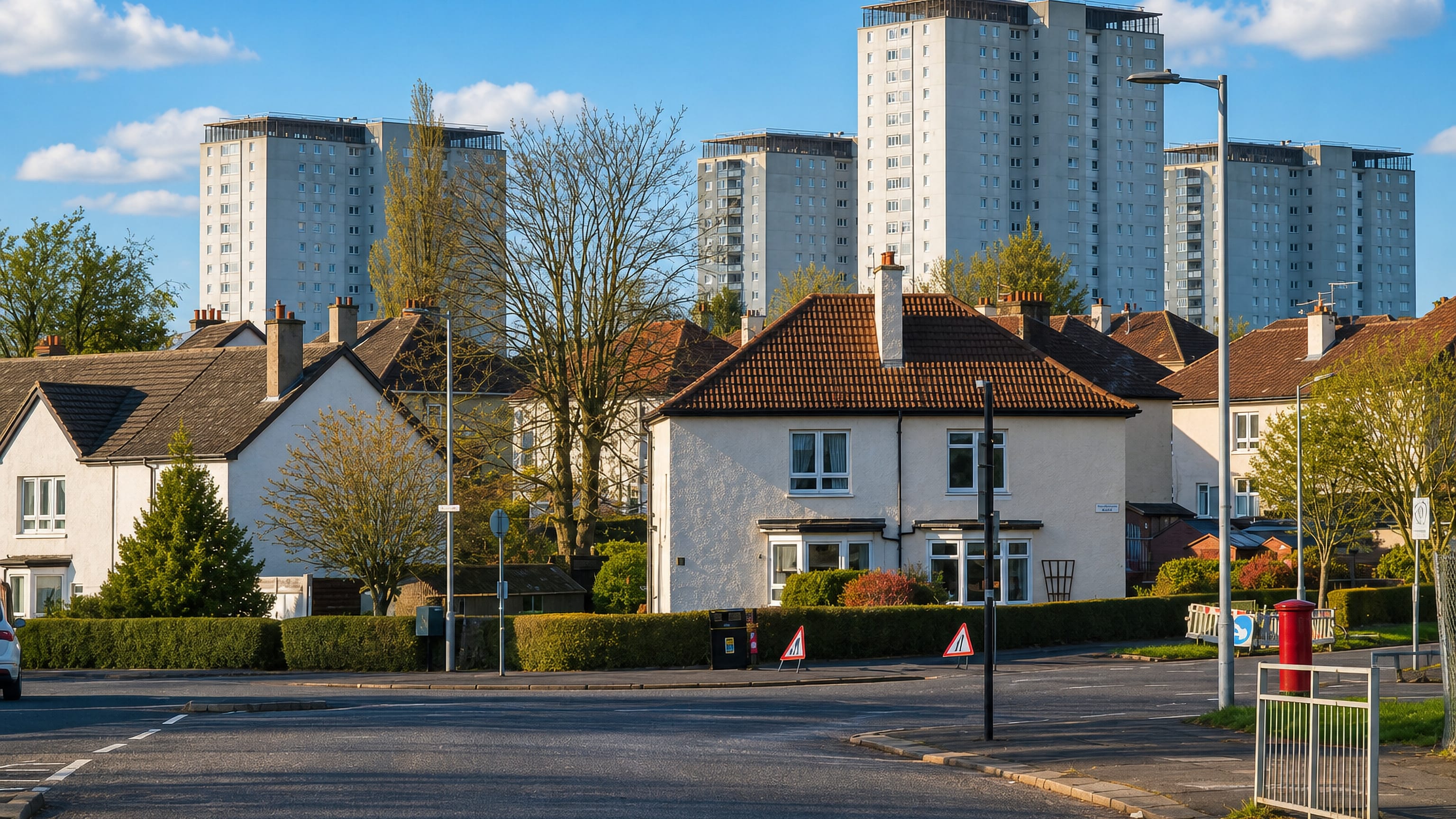 Knightswood's white interwar semi-detached cottages and hedged gardens below Glasgow tower blocks
