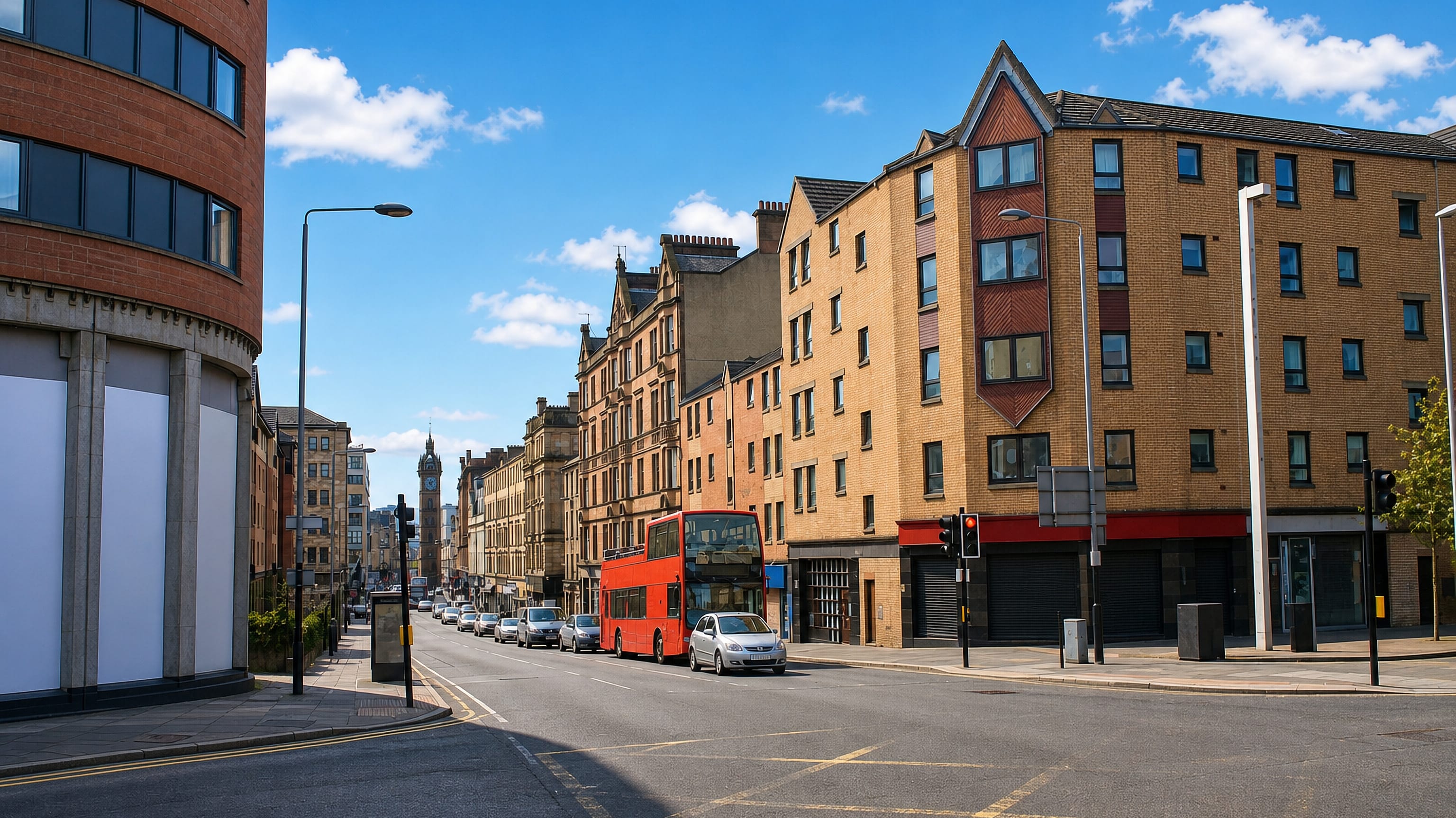 Sandstone tenements and a red double-decker bus on a street in Merchant City, Glasgow, with a clock steeple beyond.