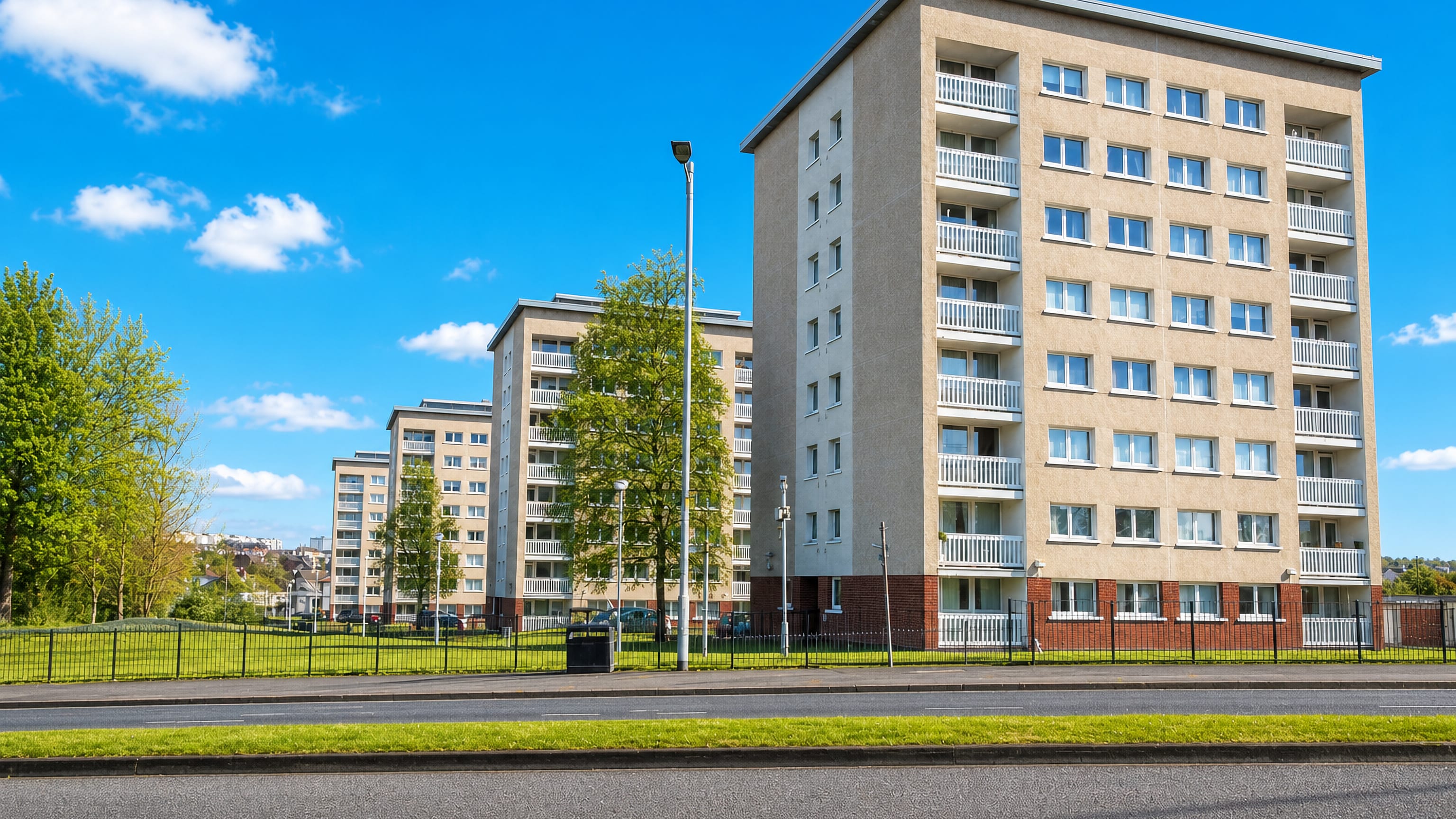 Mid-rise postwar housing blocks and grass verges along a main road in Penilee, Glasgow.