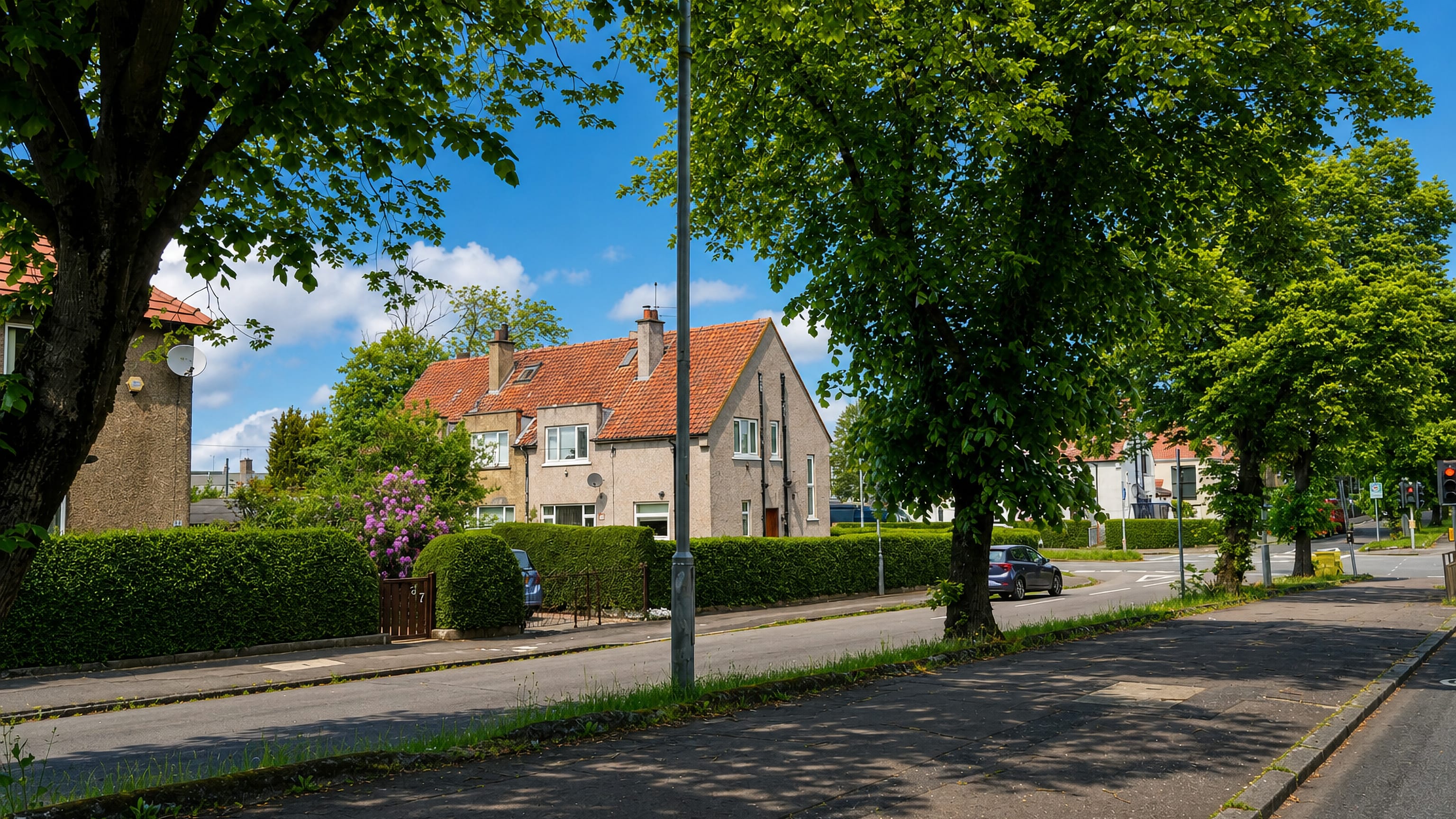 Tree-lined residential street of roughcast semi-detached houses in Pollok, Glasgow.
