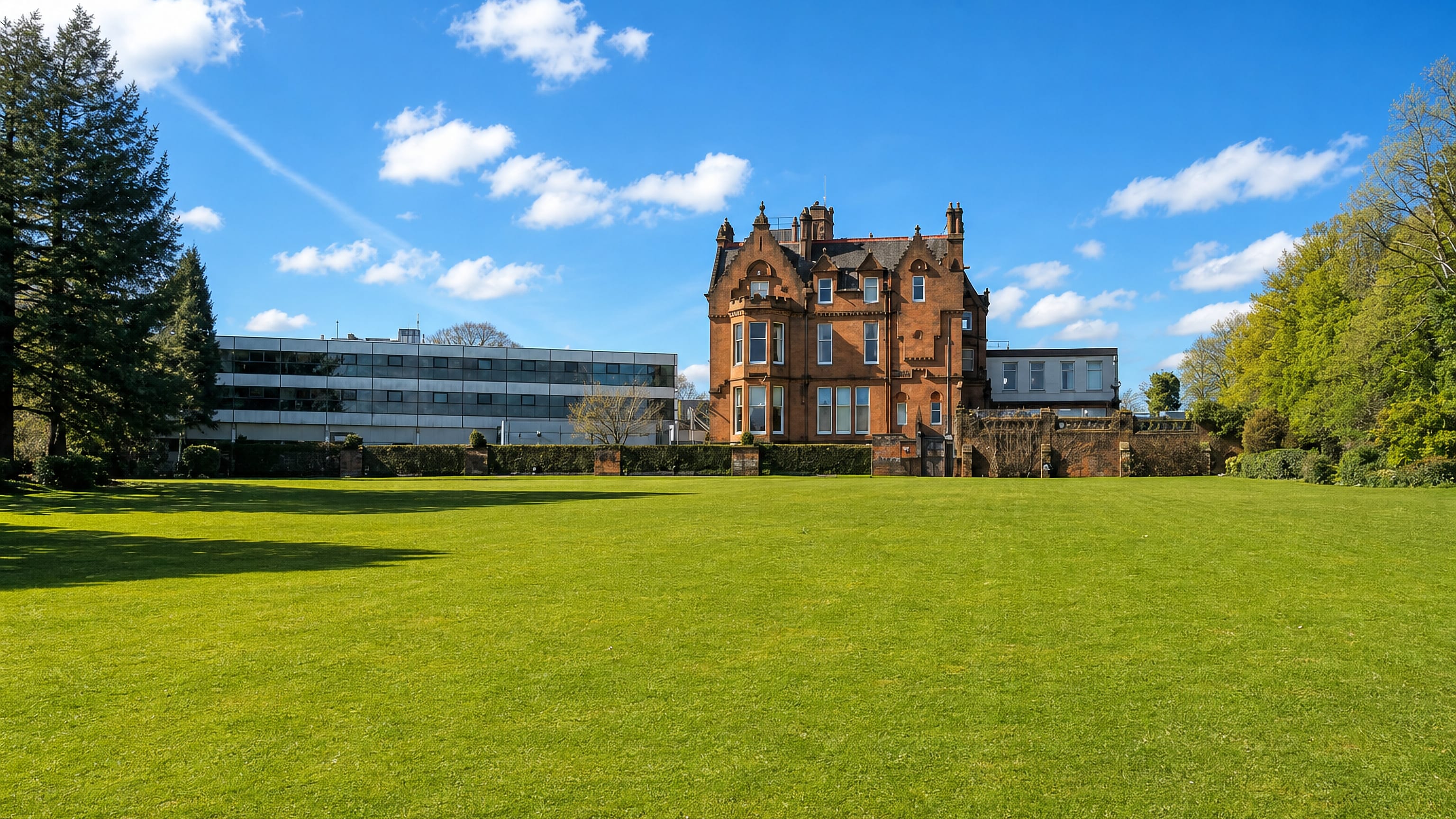 Ross Hall's red sandstone Victorian mansion and modern wing above open lawns in Rosshall, Glasgow.