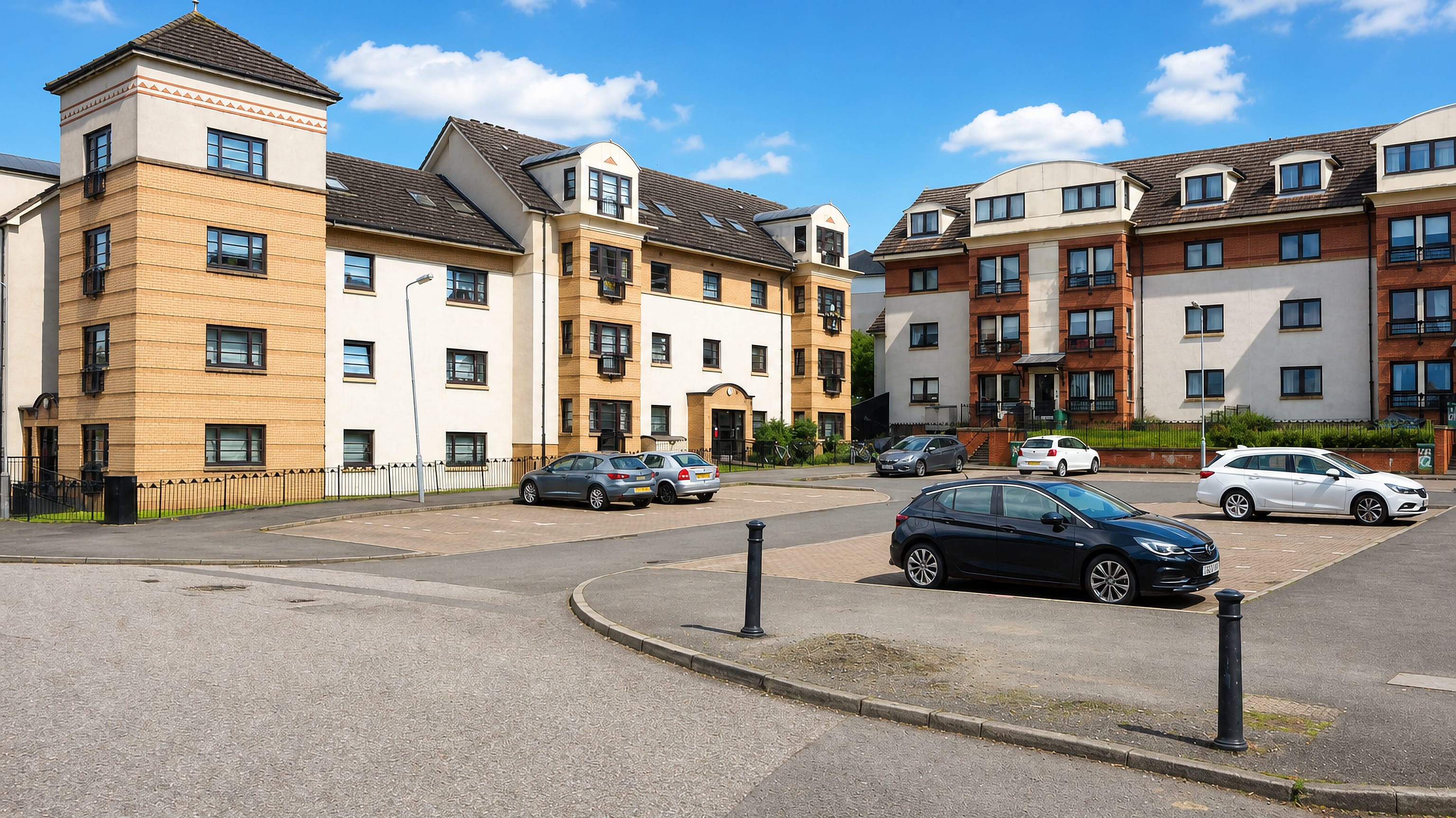 Modern brick and render flats around a parking court in Royston, Glasgow, under a blue sky