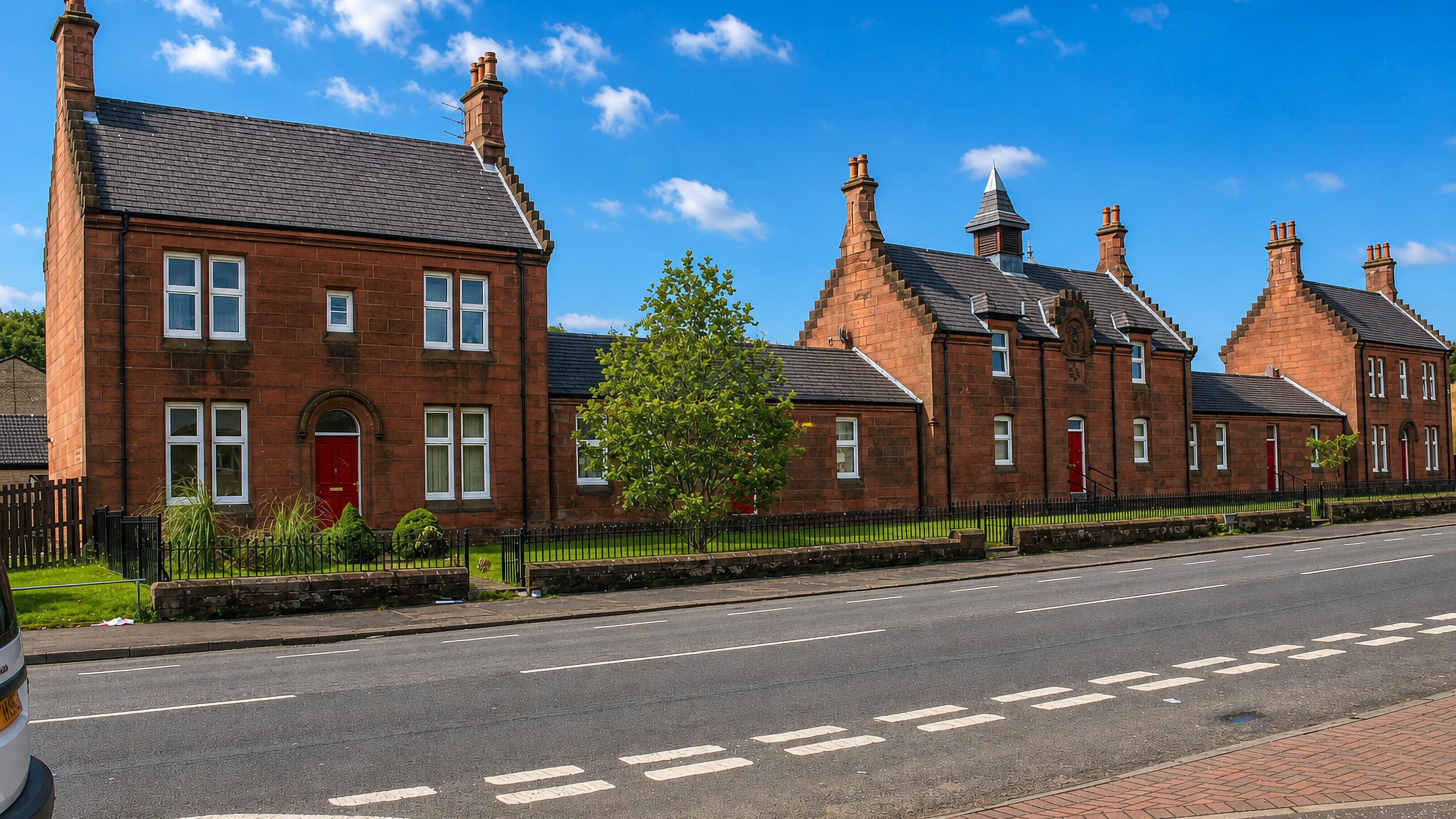 Red sandstone villas with crow-stepped gables and iron railings along a Ruchill street in Glasgow