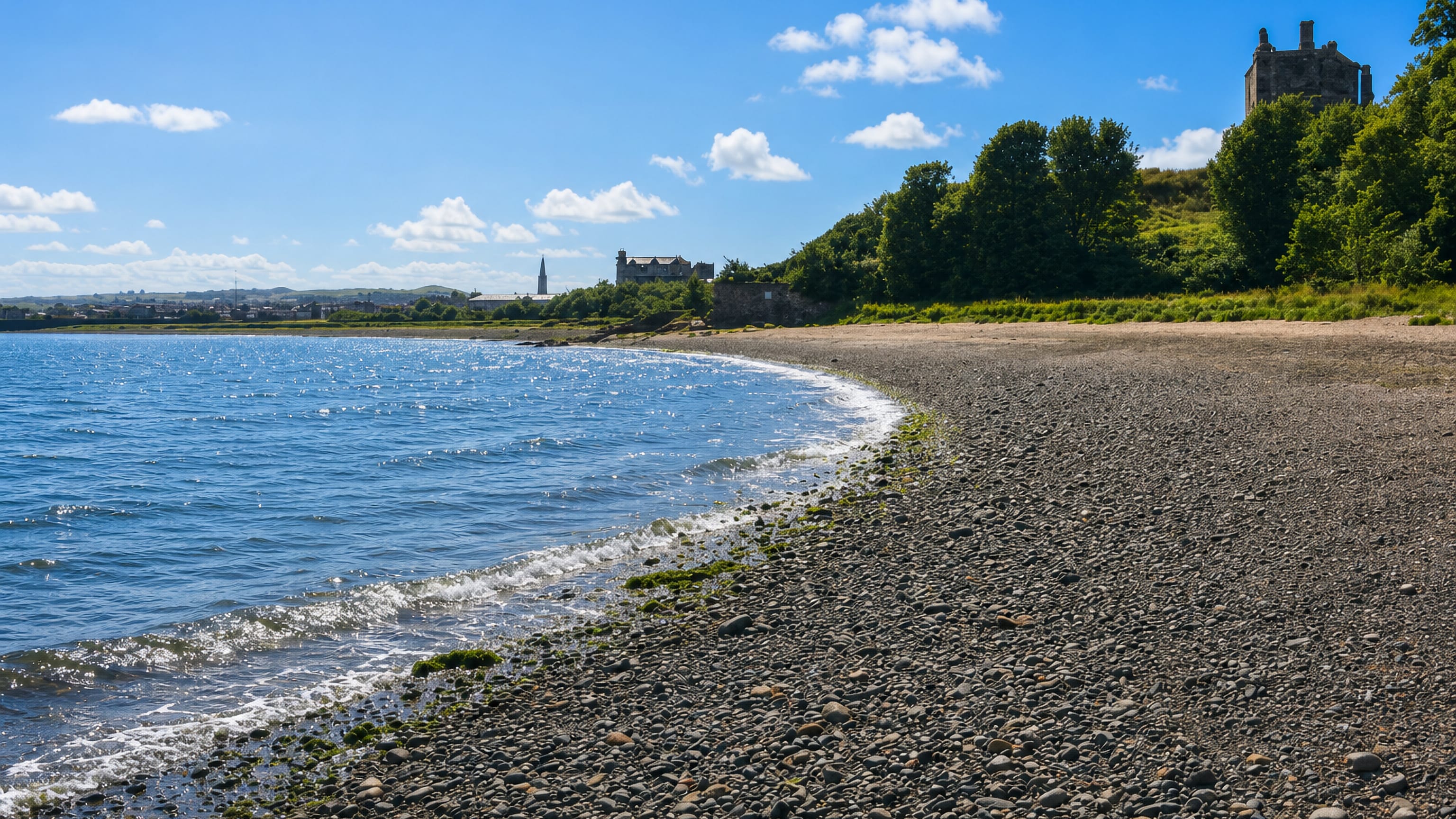 Ravenscraig Castle above the pebble beach and Firth of Forth shoreline at Pathhead, Kirkcaldy.