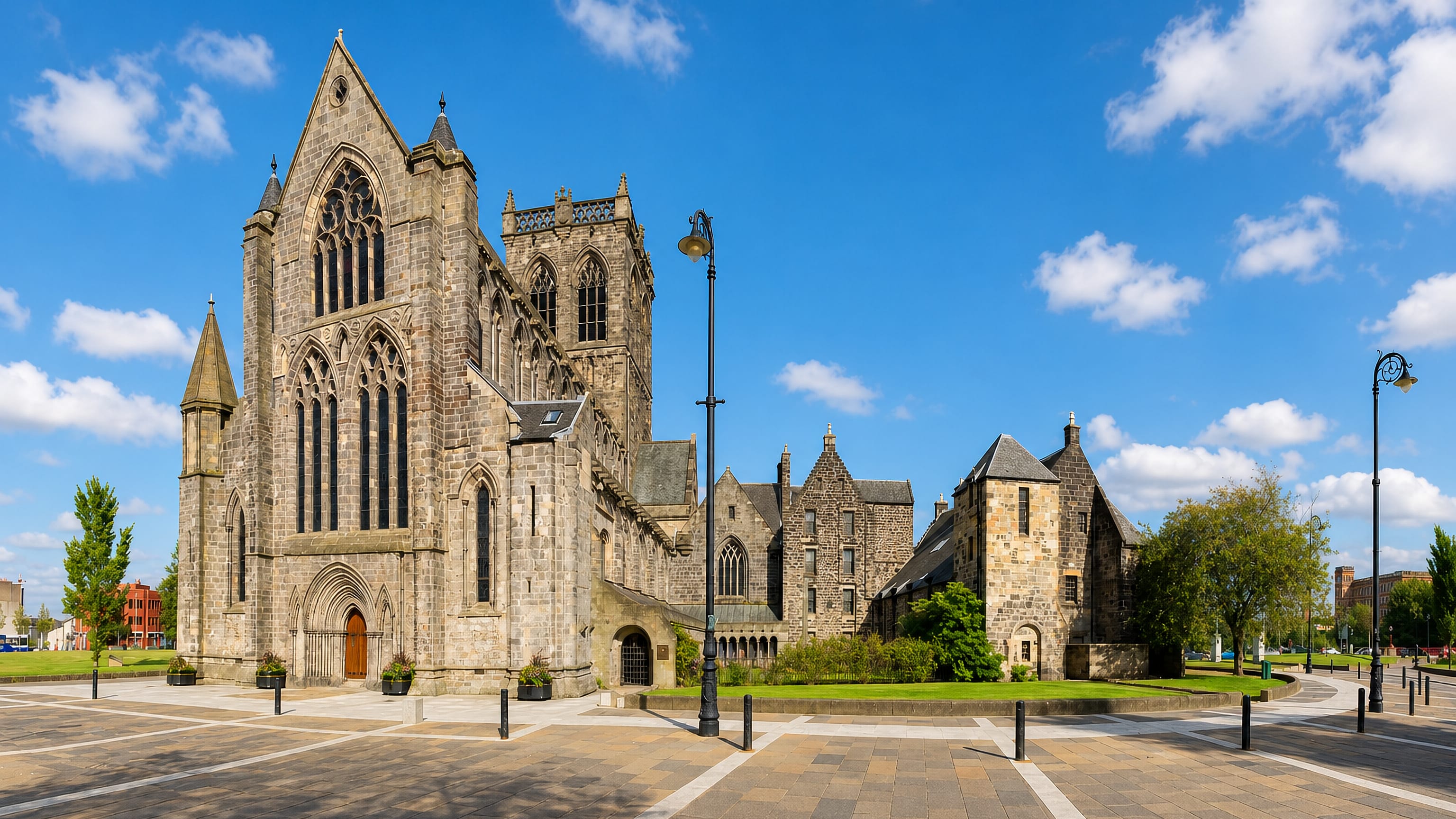 Paisley Abbey's Gothic stone facade and tower rising over the open civic square in Paisley, Scotland.