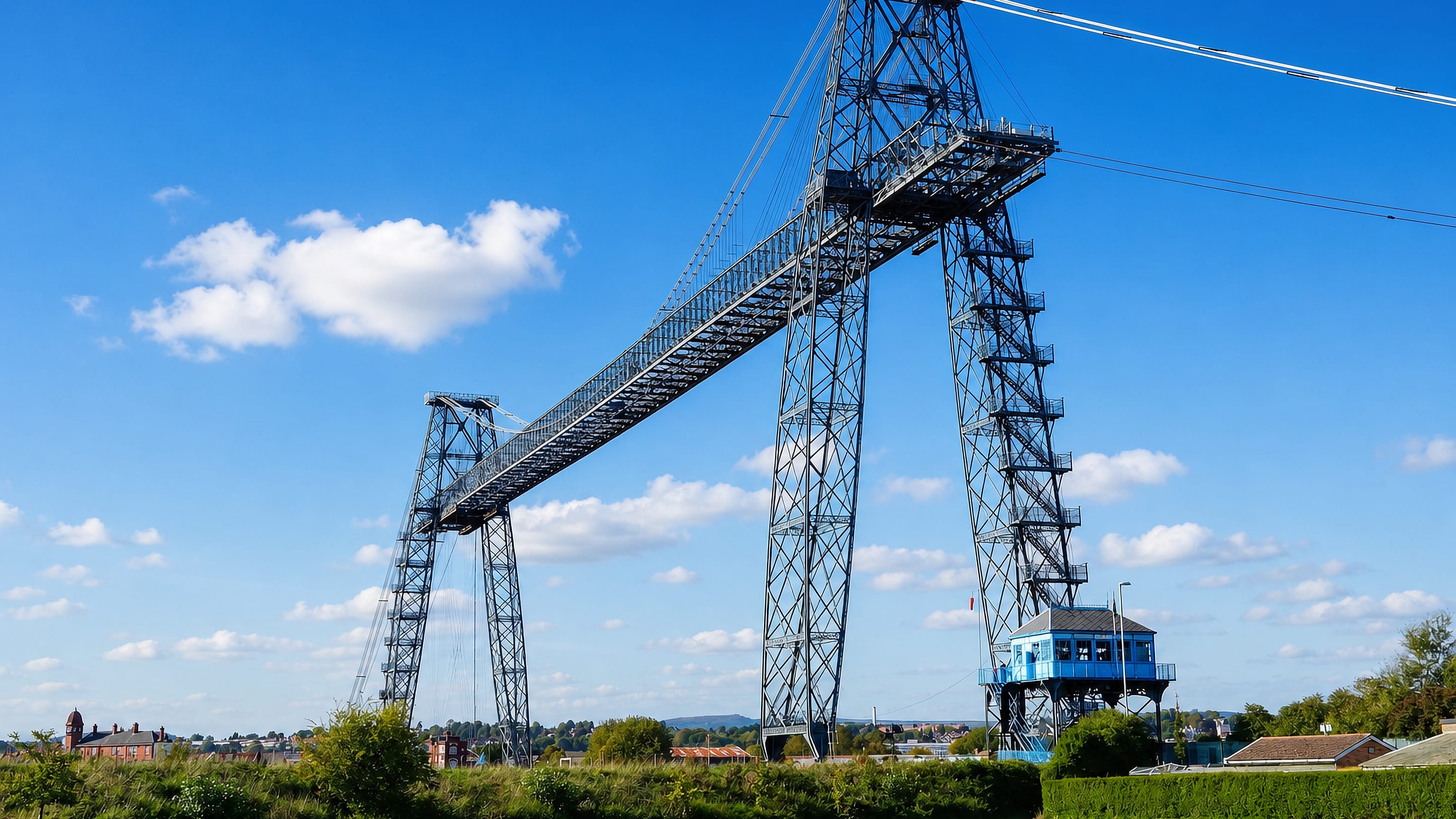 The steel Transporter Bridge spanning the River Usk at Newport, Wales, under a clear blue sky.