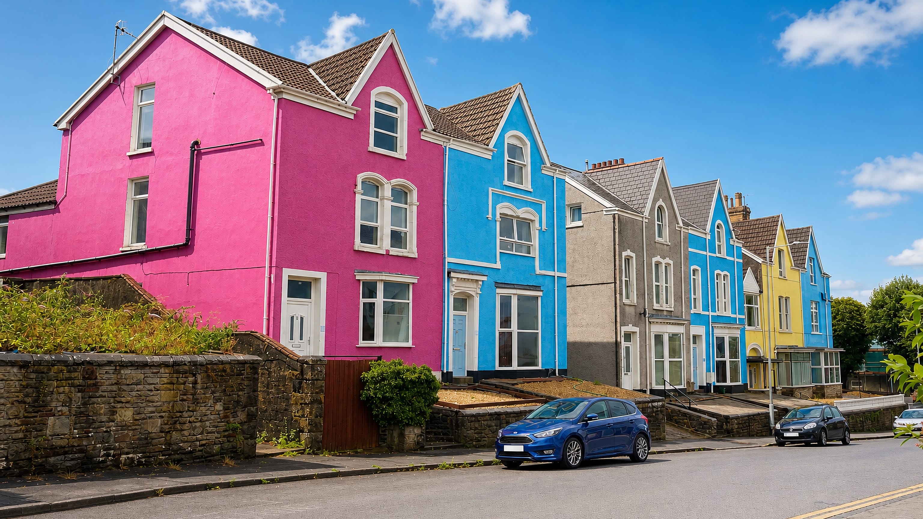 A hillside terrace of brightly painted Victorian houses in Brynmill, Swansea.