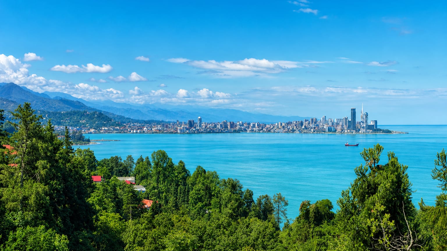 Batumi's high-rise skyline on the Black Sea coast with wooded hills and turquoise bay in the foreground