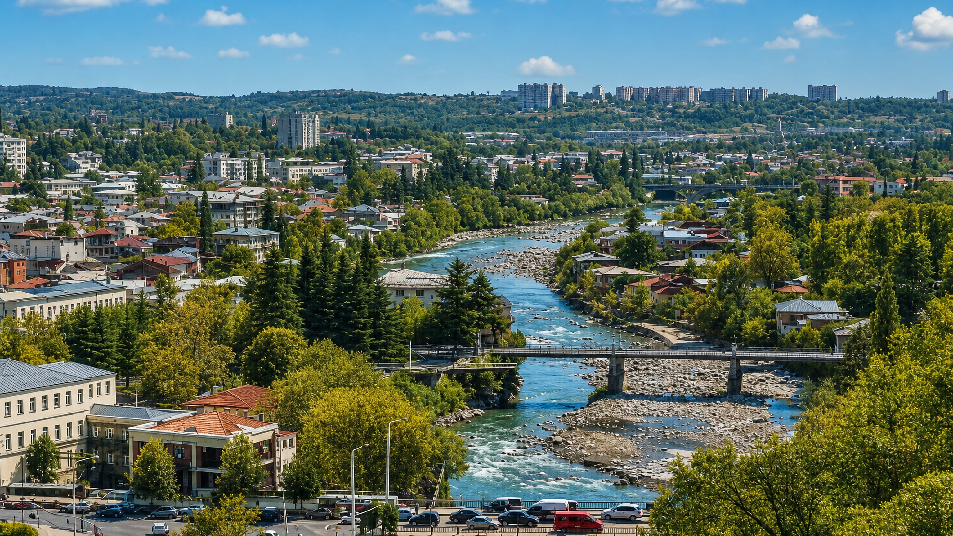 Kutaisi spread along the rocky rapids of the Rioni River, red-tiled roofs and bridges under summer sun.