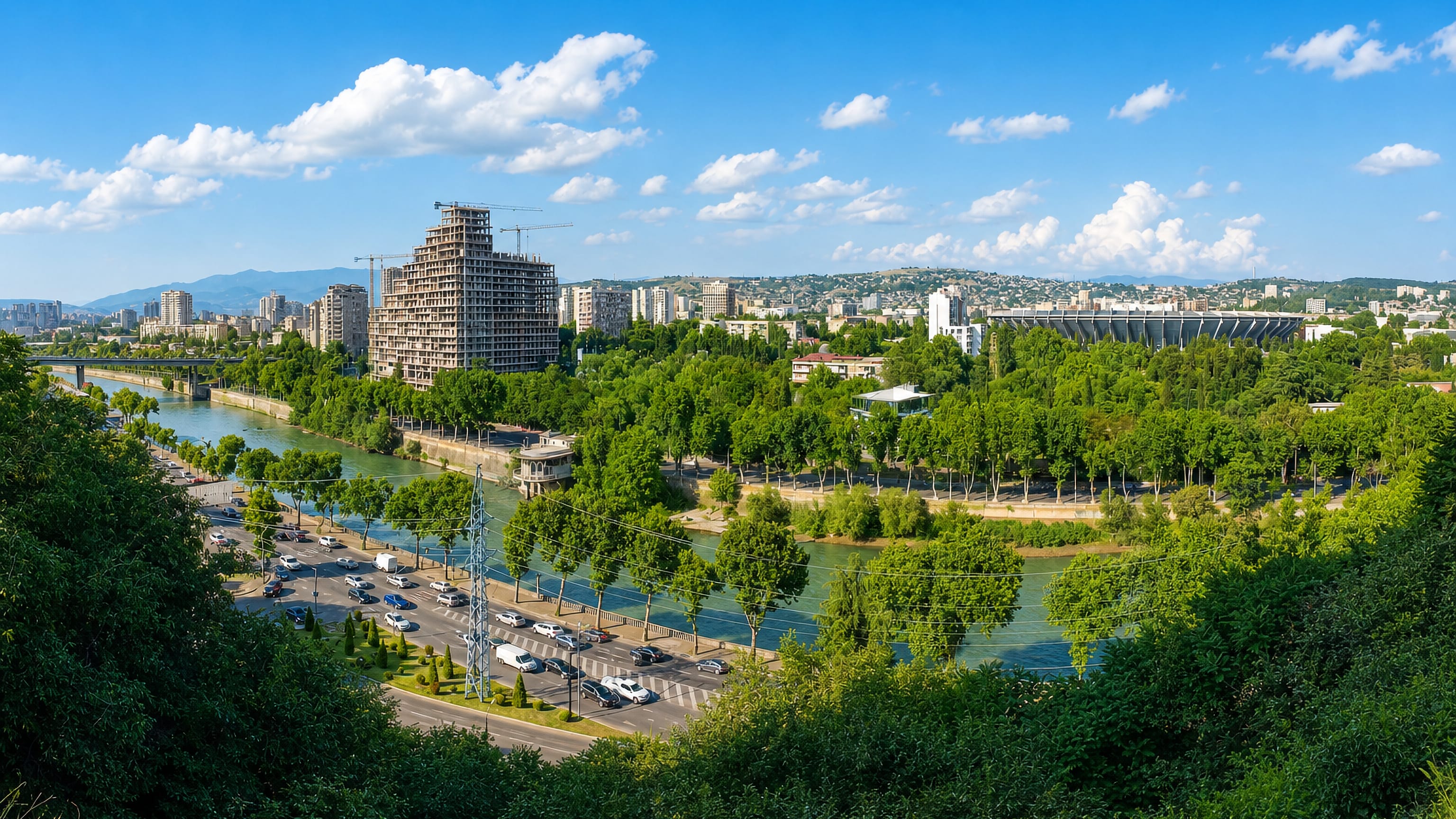 The Mtkvari river, riverside highway and a stadium in Didube, northwestern Tbilisi.