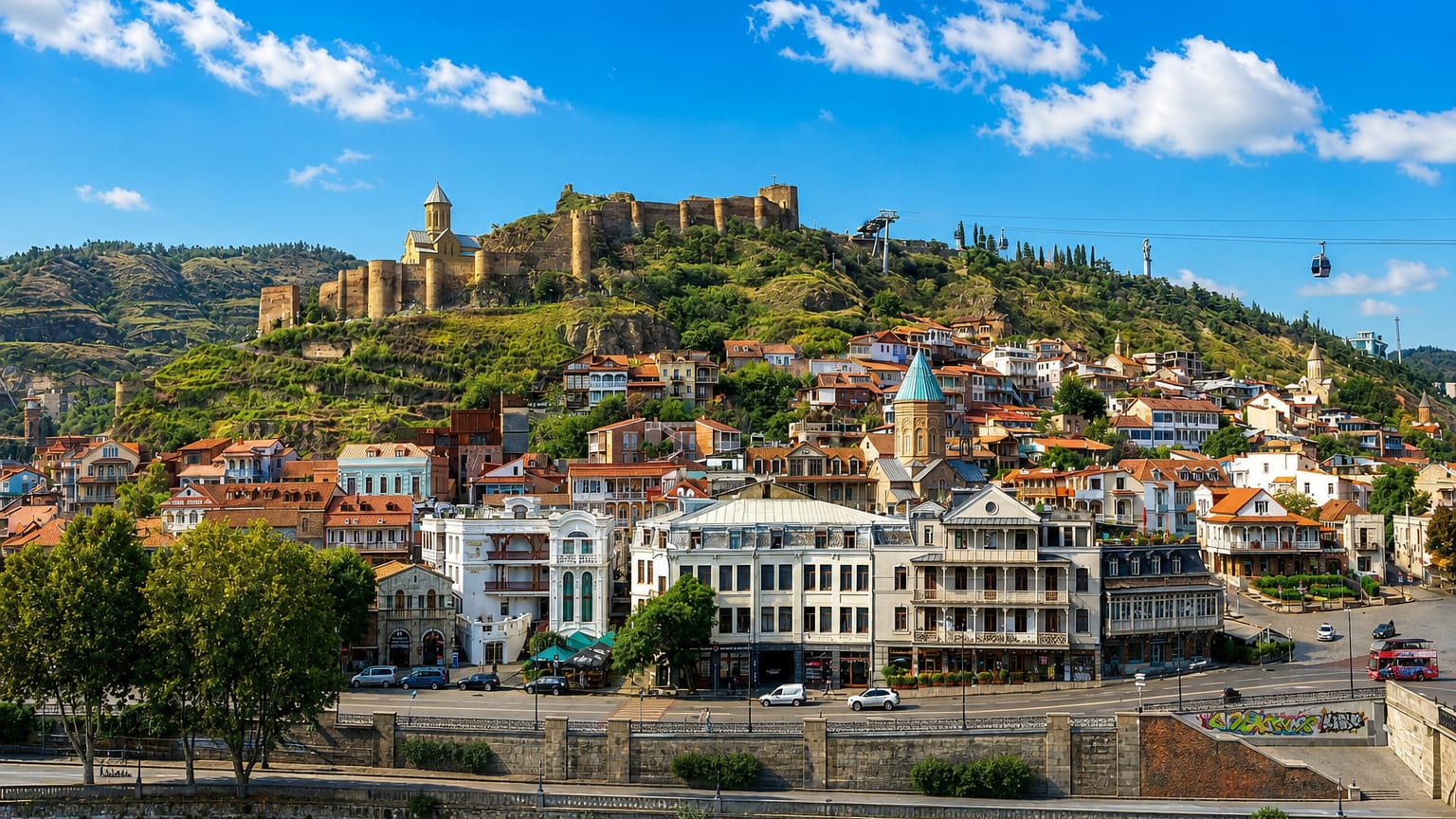 Tbilisi's Old Town below Narikala Fortress with colorful houses, a church and cable car above the river