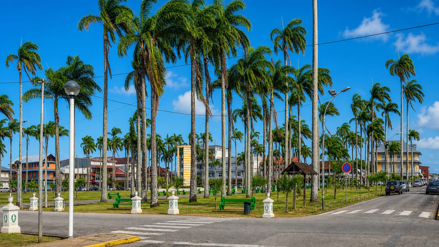 Cayenne's Place des Palmistes lined with towering royal palms and green benches before colonial buildings