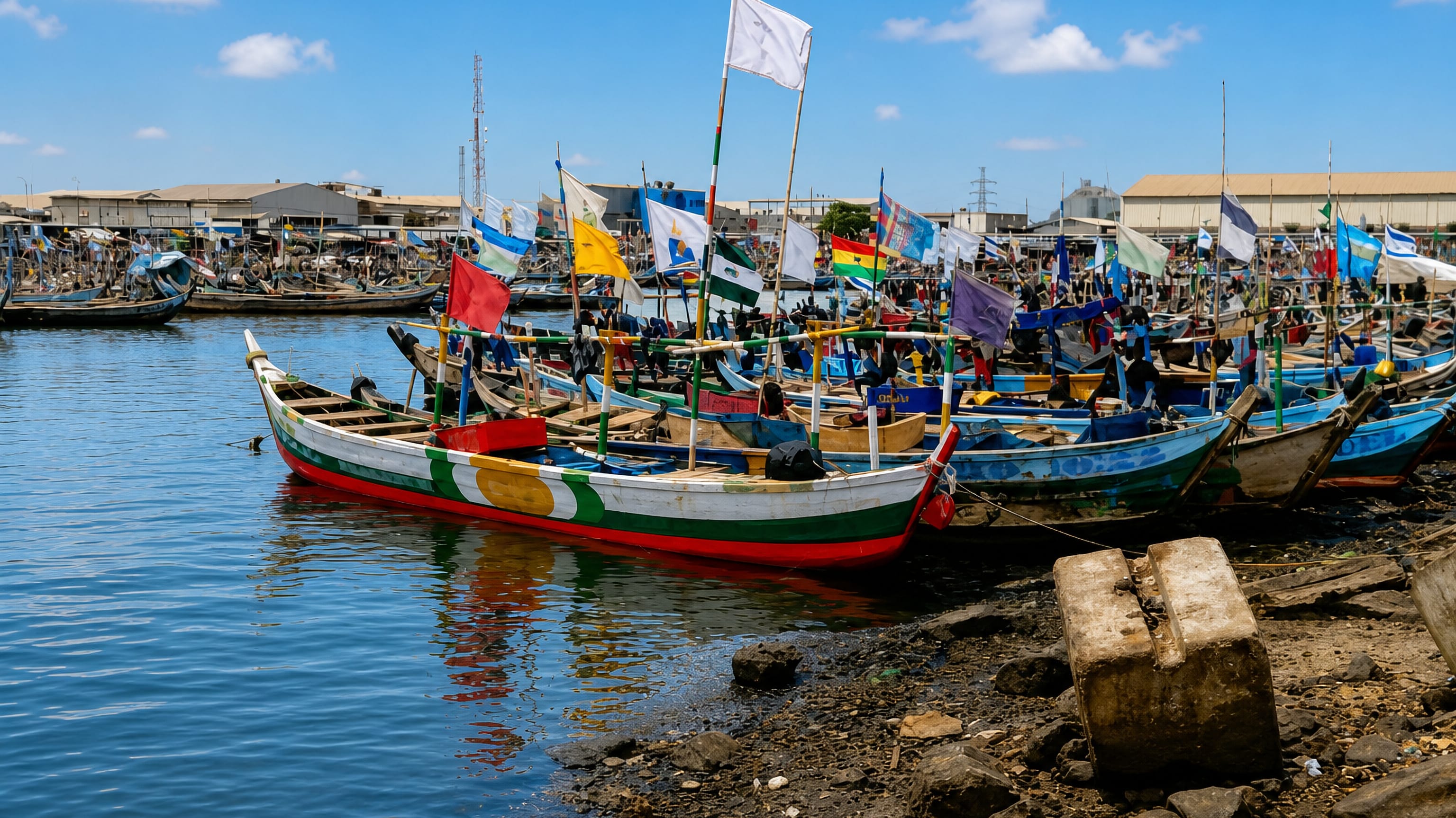 Colorful wooden fishing canoes flying flags moored at the harbour in Tema, Ghana, with port sheds behind.