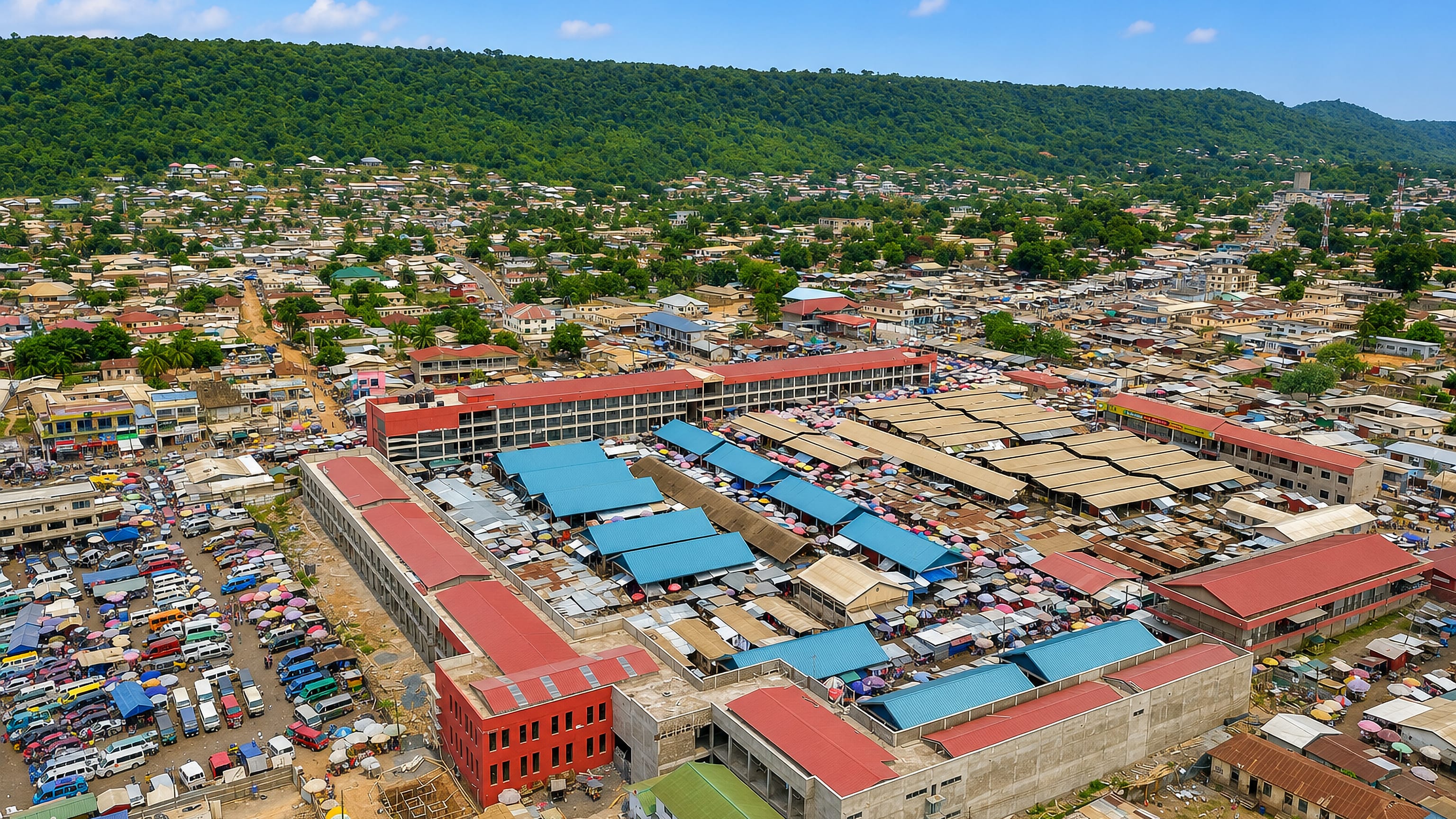 Ho's central market with red and blue metal roofs fills the town centre below forested Volta hills, Ghana.