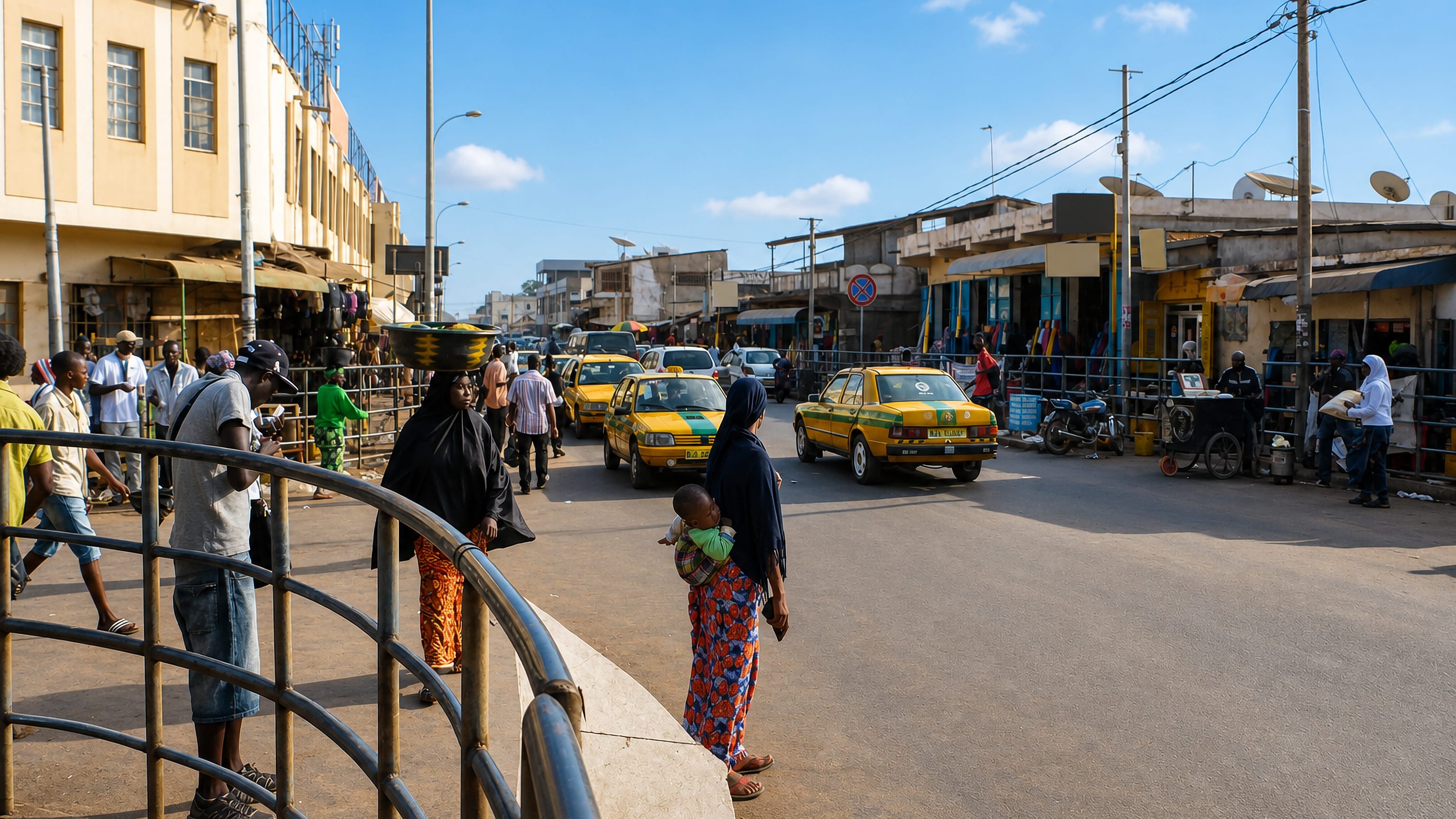 Busy Serekunda street in The Gambia, yellow-and-green taxis passing market stalls and pedestrians.