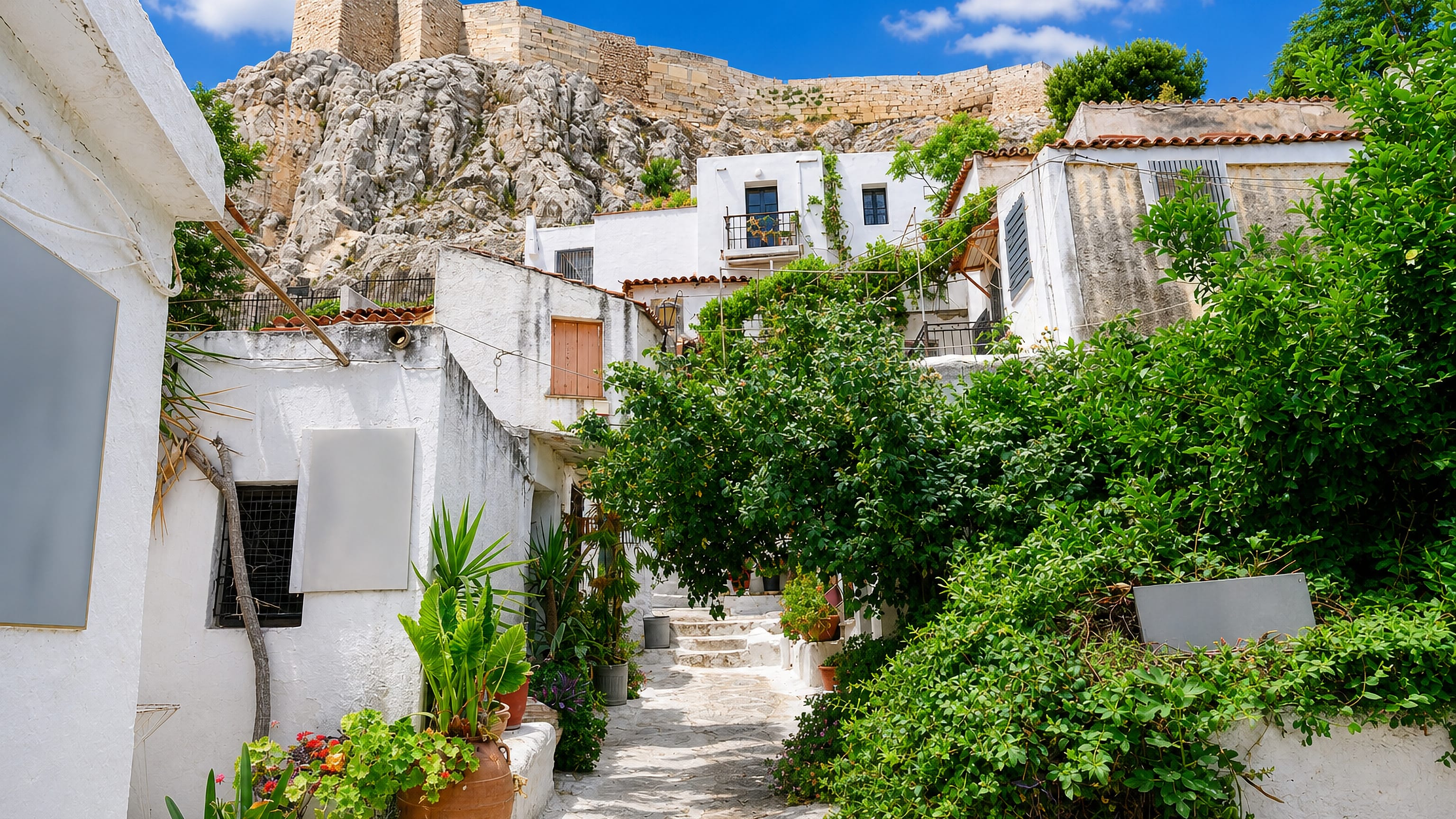 Whitewashed houses and potted plants on a lane in Anafiotika, below the Acropolis walls in Athens.