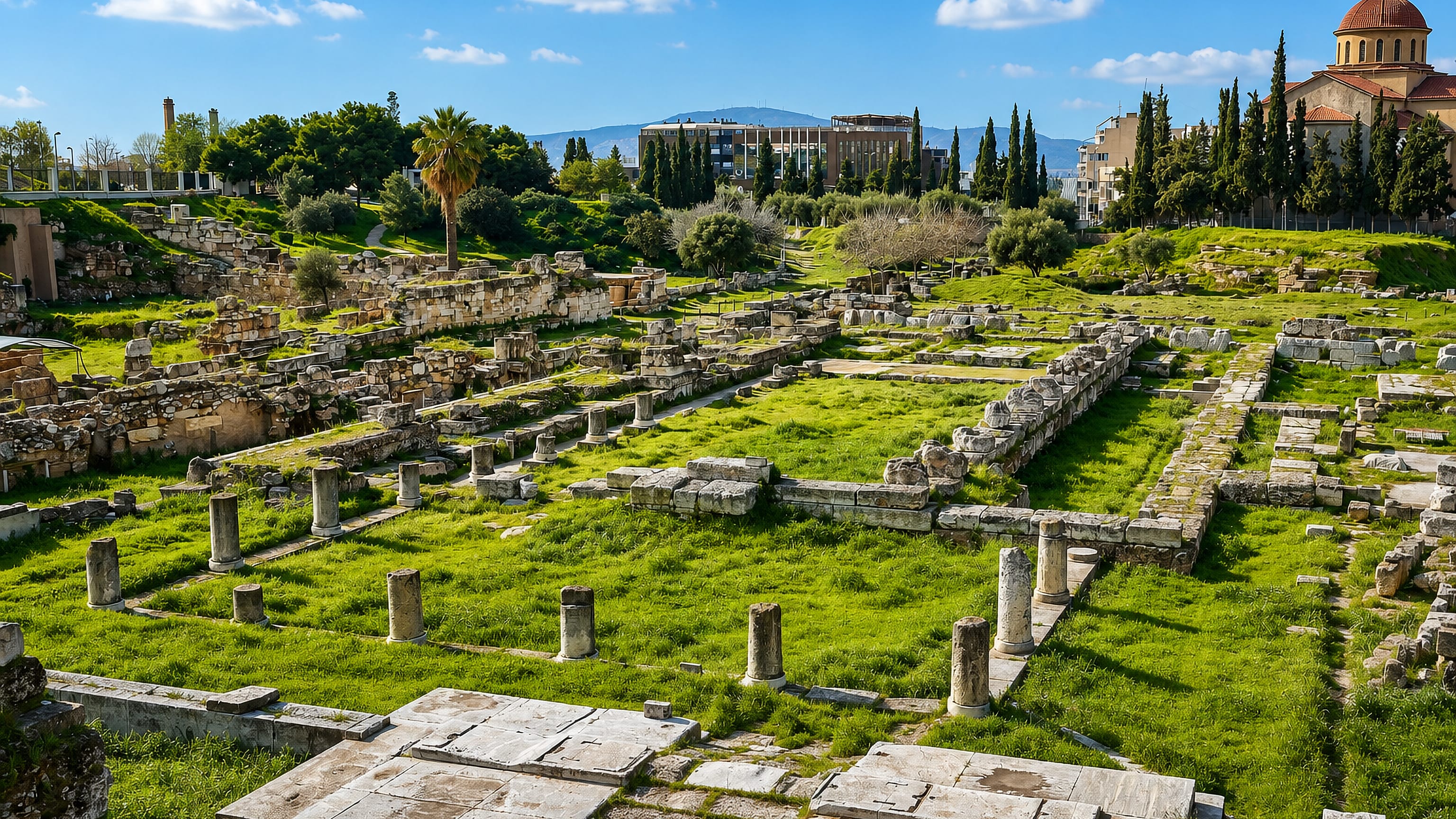 Ancient marble ruins and column stumps at the Kerameikos archaeological site in Athens, with a domed church beyond.
