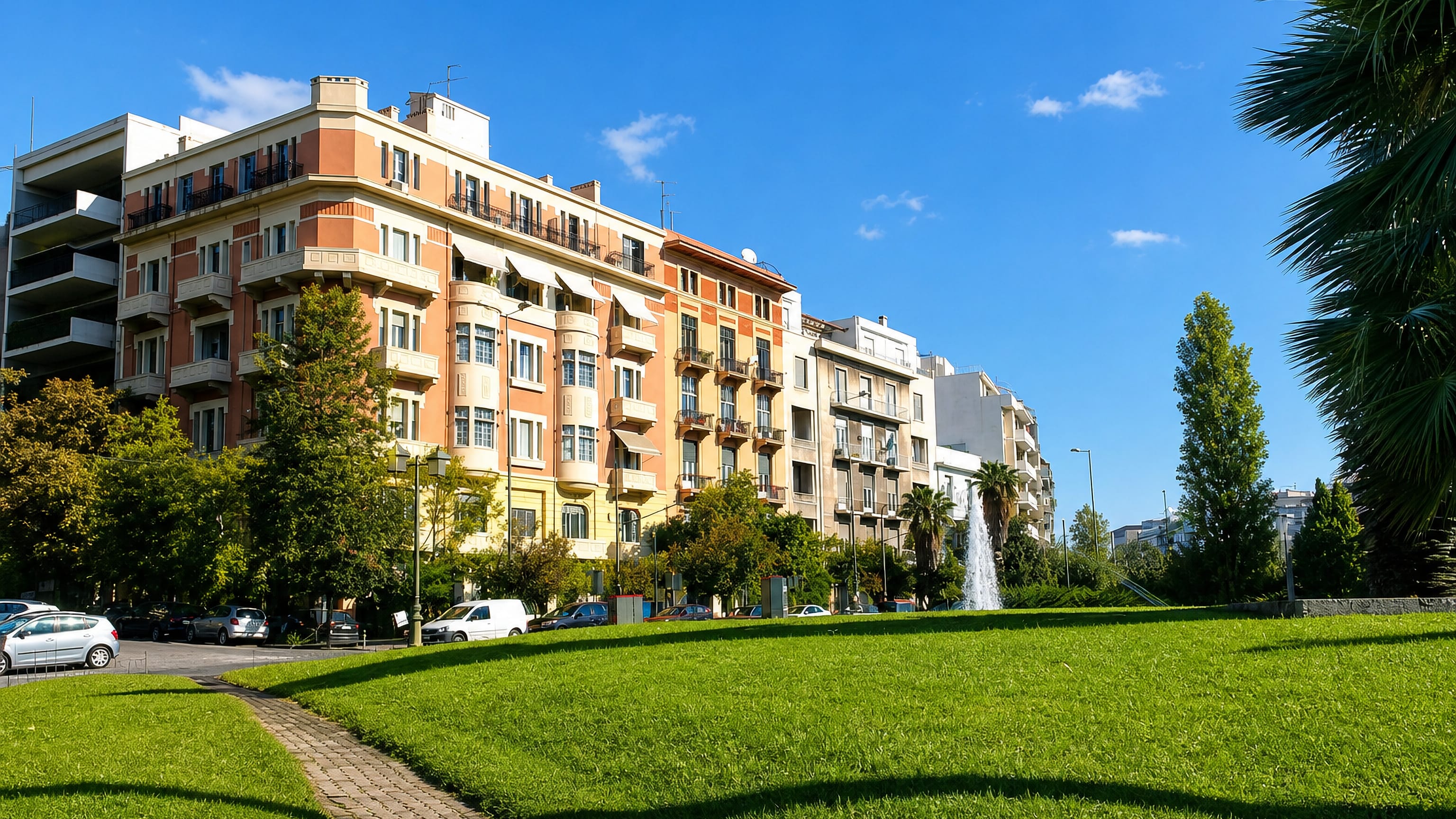 Neoclassical apartment buildings above a lawn and fountain in Kolonaki, Athens.