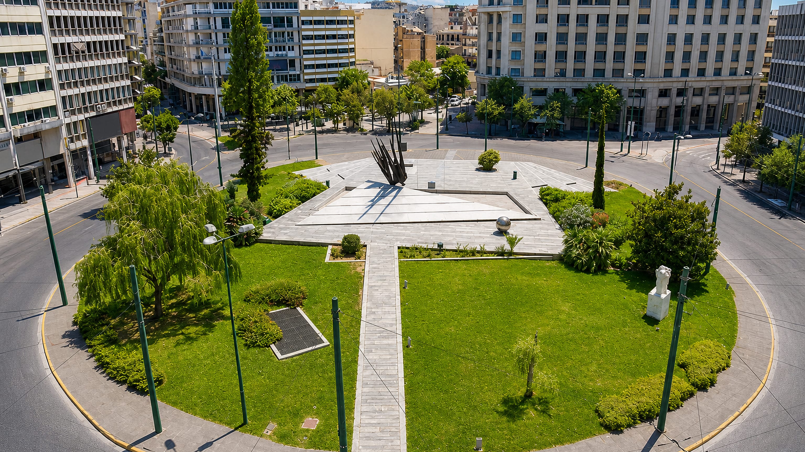 Karaiskaki Square in Metaxourgeio, Athens, a circular plaza of lawns and paved paths ringed by apartment blocks.