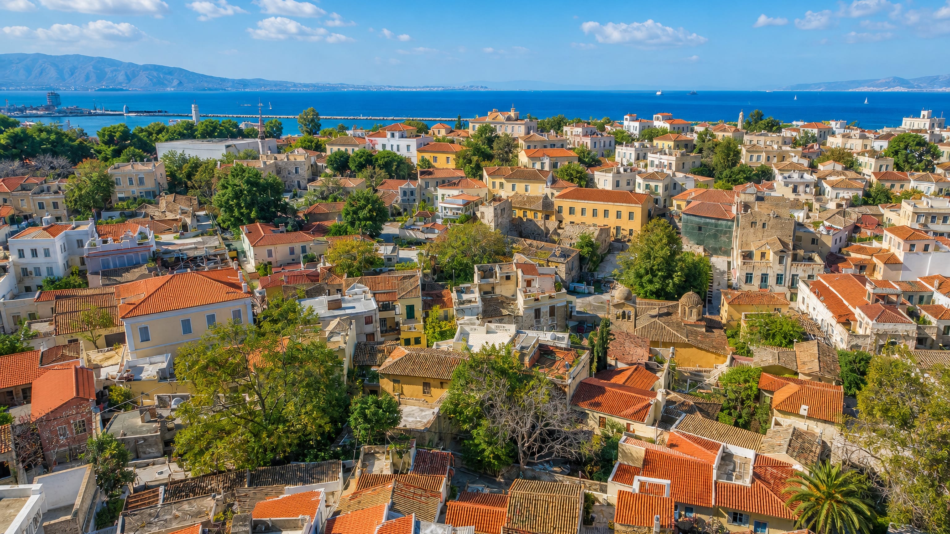 Red-tiled rooftops and courtyards of Plaka sloping toward blue water, with hills across the bay, Athens.
