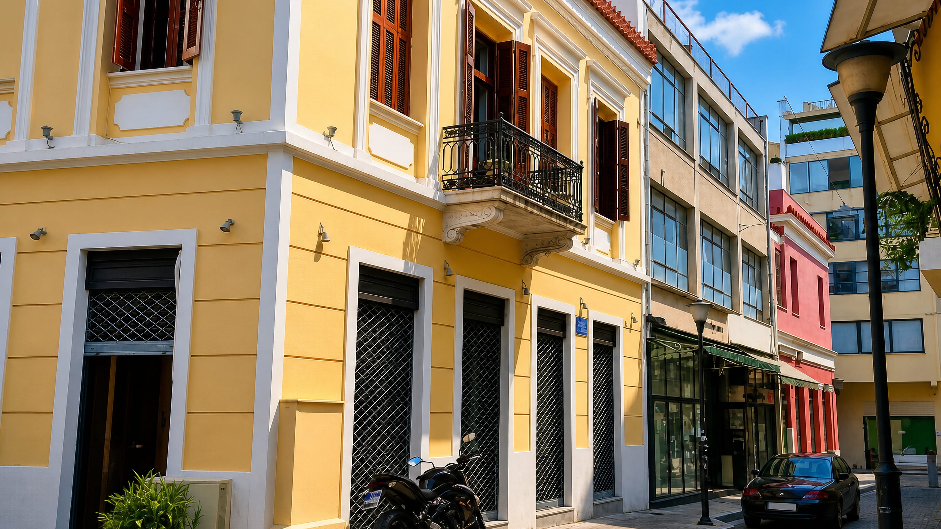 Sunlit corner of a neoclassical yellow building on a narrow street in Psyri, central Athens.