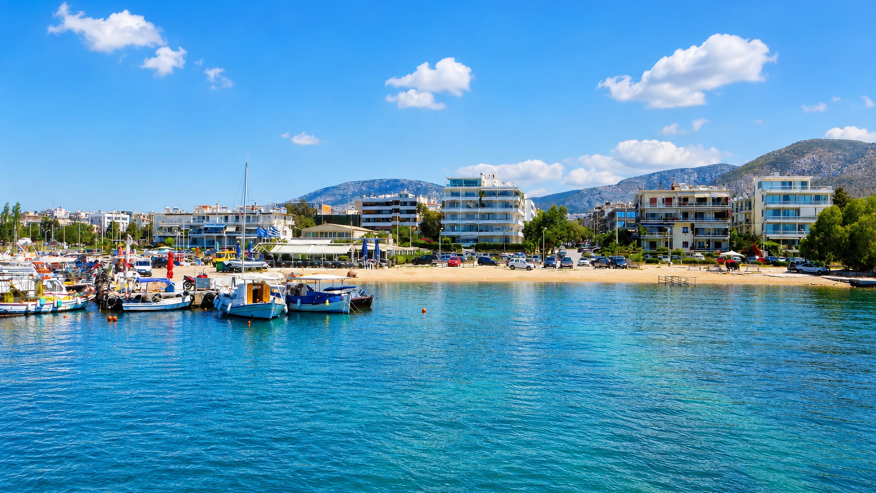 Fishing boats, a sandy beach and seafront apartment blocks at Glyfada on the Athens Riviera.